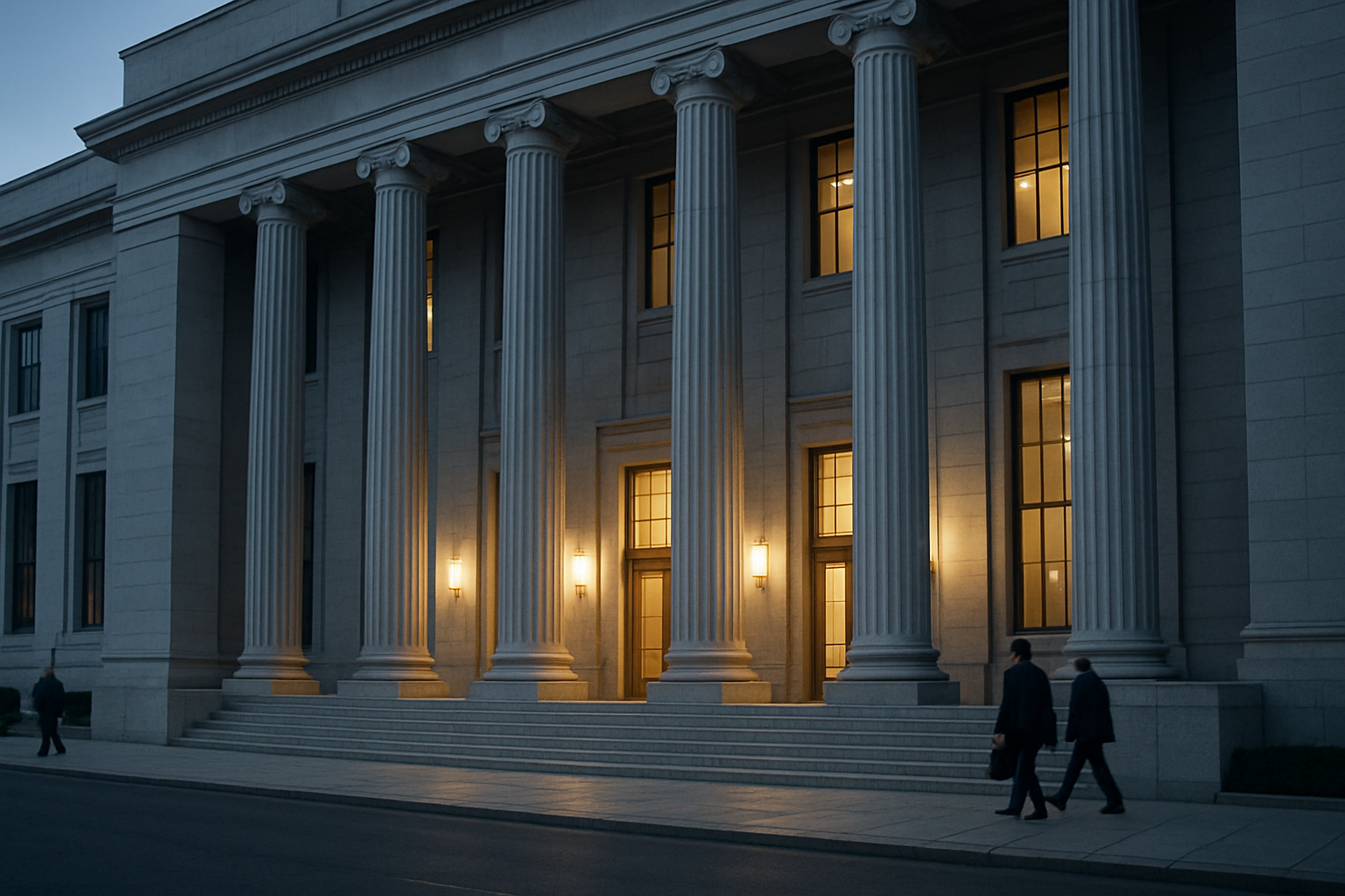 exterior of a federal government building at dusk with large stone columns and illuminated entrance doors