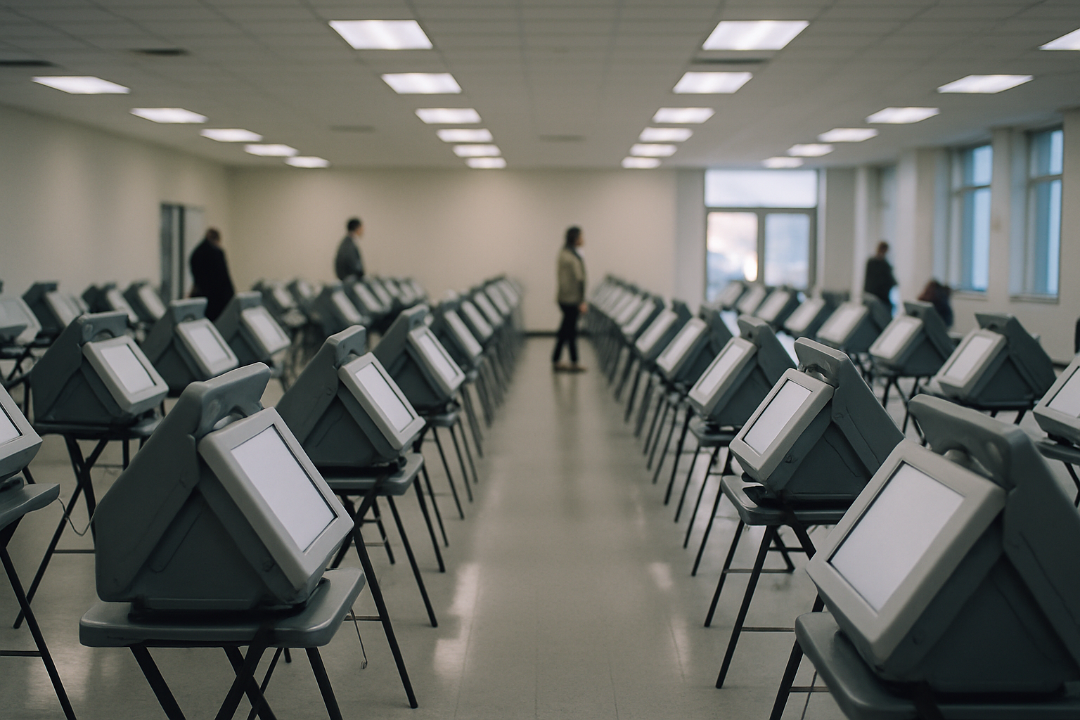 rows of electronic voting machines in an empty polling station with fluorescent lighting overhead