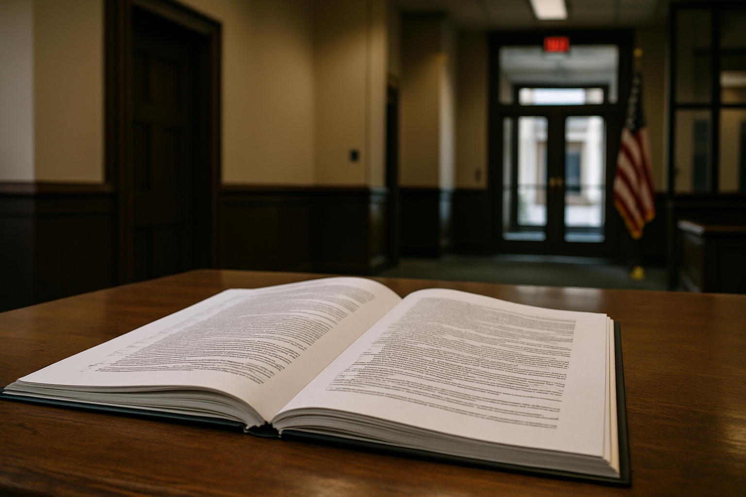A formal government filing document spread open on a wooden desk inside a federal office building