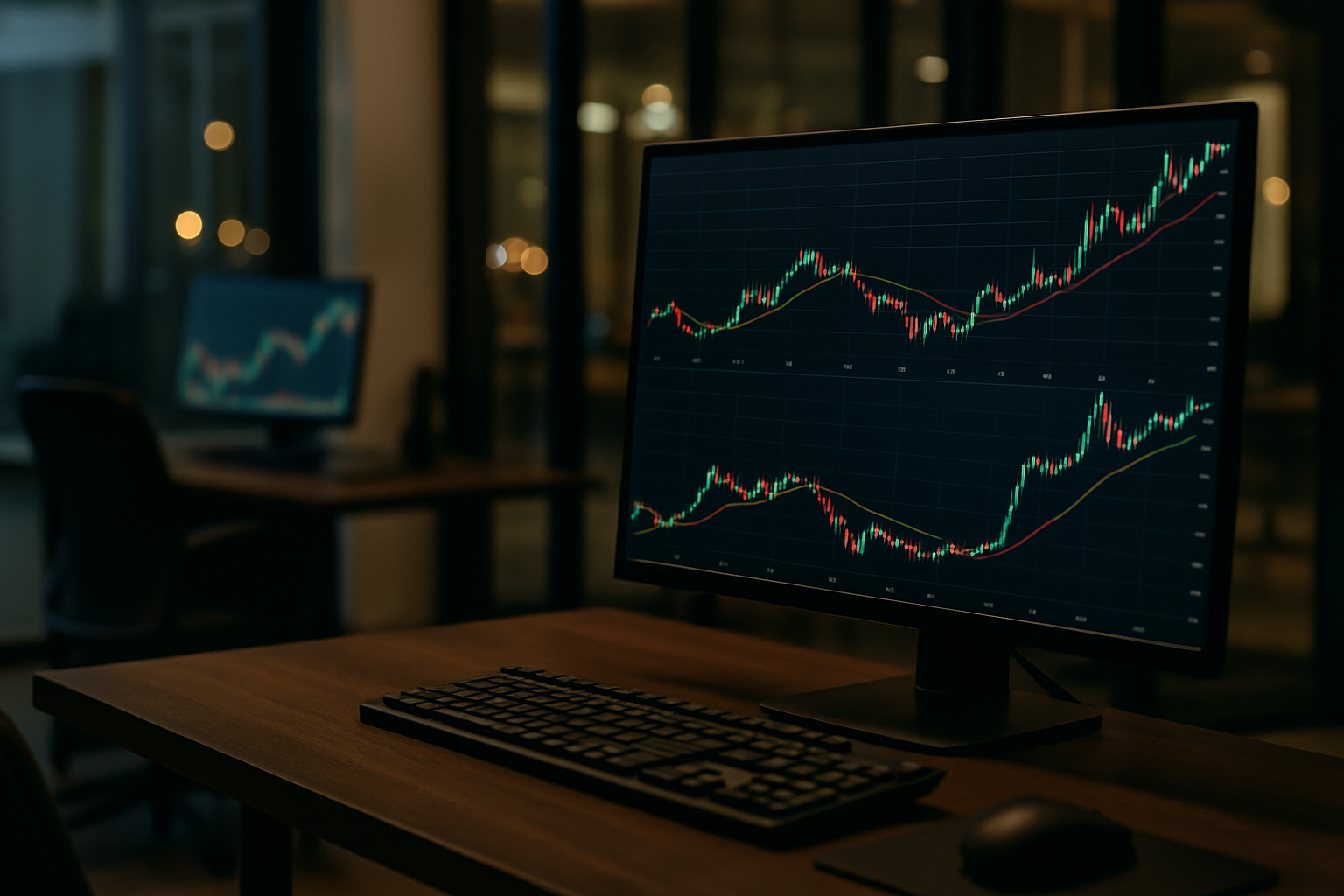A cryptocurrency trading terminal displaying digital token price charts in a dimly lit modern office