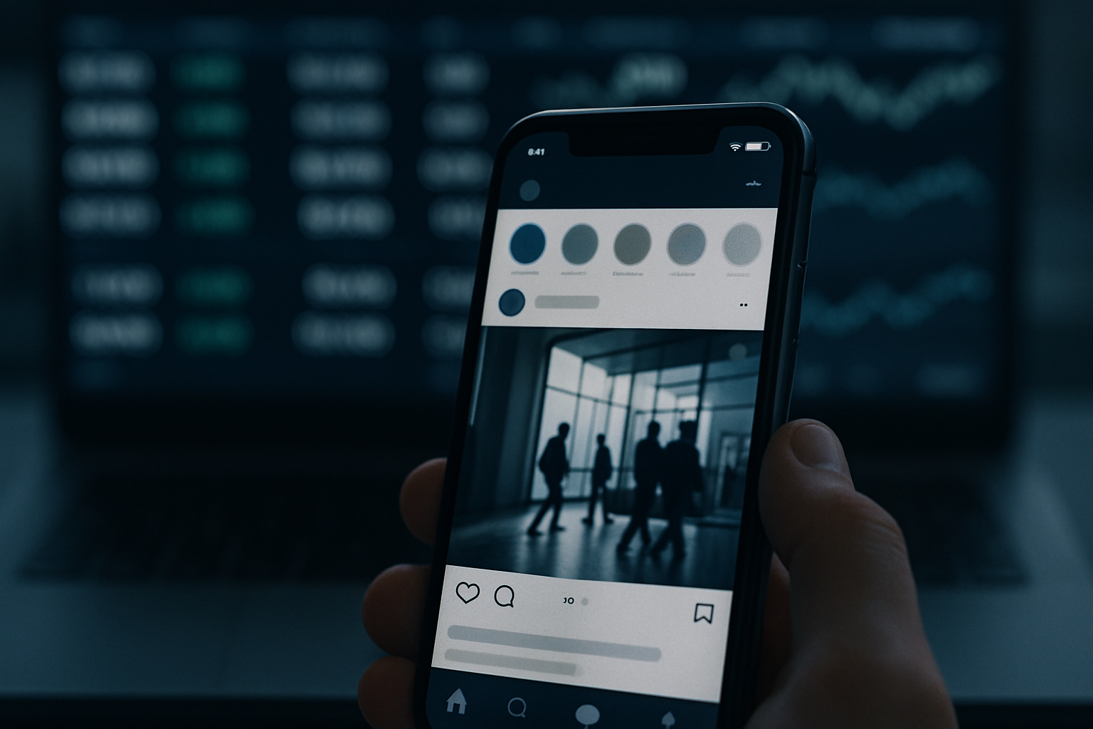 A close-up of a smartphone screen displaying a social media feed with financial market tickers visible in the background on a blurred trading terminal