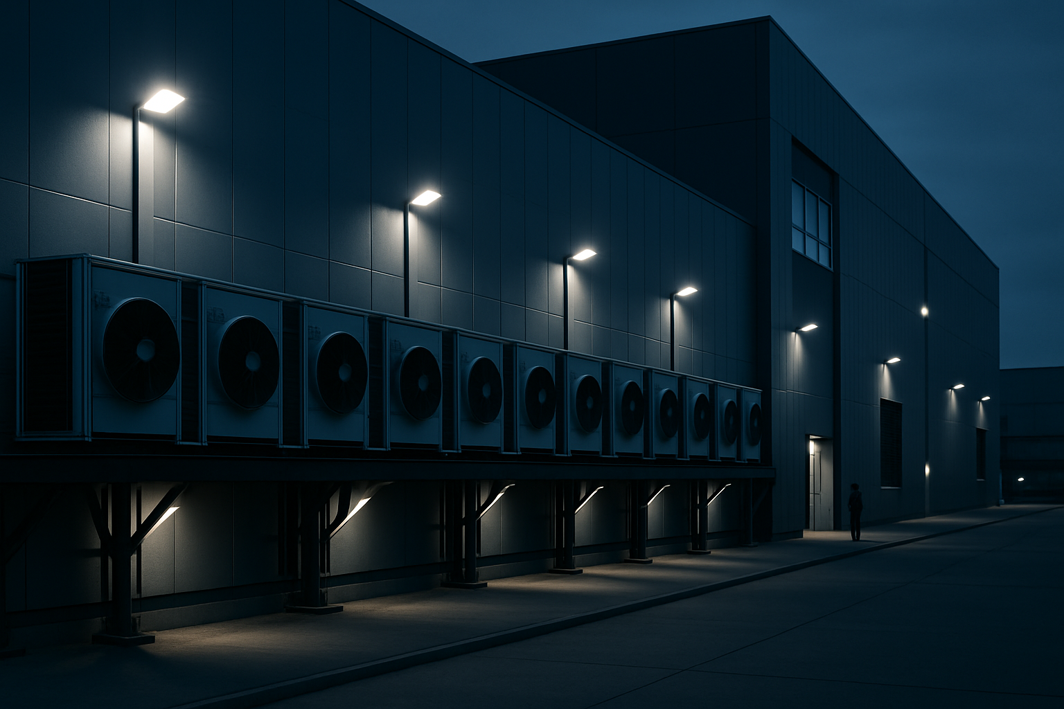 Exterior of a modern data center building at dusk with rows of server cooling units visible along the facade, industrial lighting casting sharp shadows
