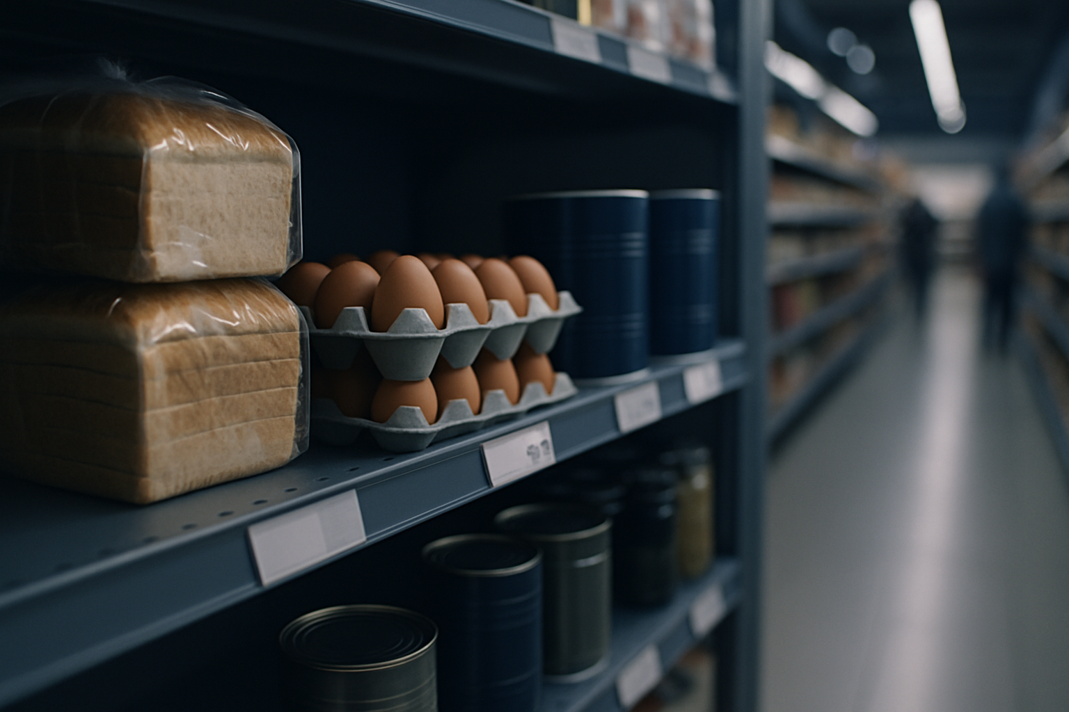 close-up of a supermarket shelf with price tags on common grocery items such as bread, eggs, and canned goods, store aisle extending into background