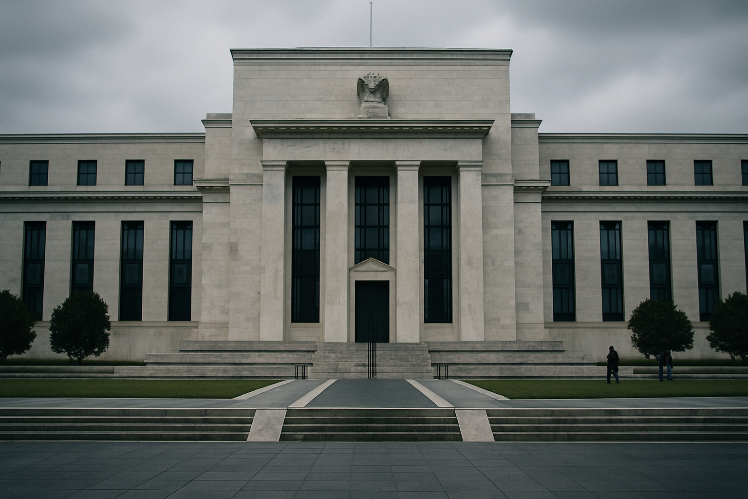 exterior of a Federal Reserve branch building with stone facade and wide steps, overcast sky above, empty plaza in foreground