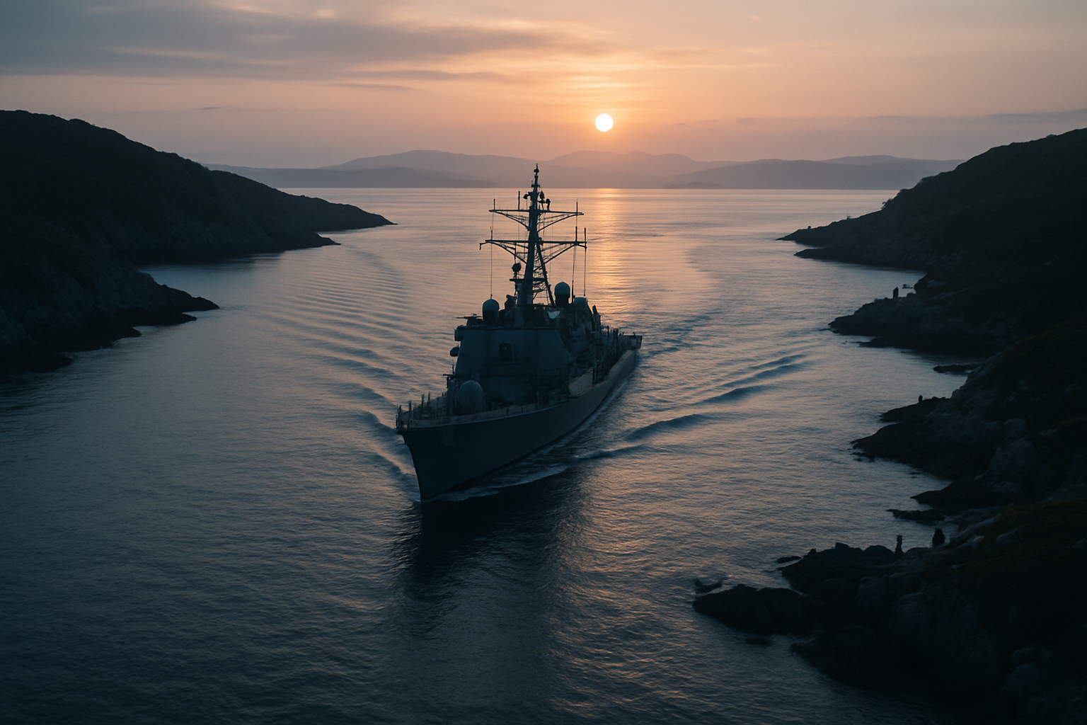 aerial view of a naval vessel navigating a narrow strait between rocky coastlines at dawn
