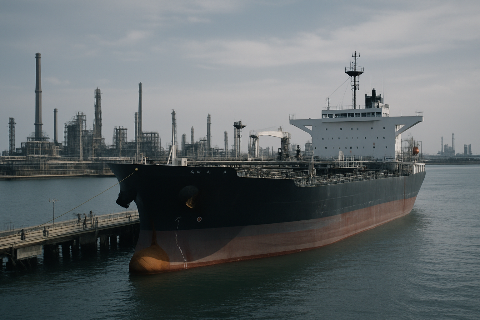 industrial oil tanker docked at a large Gulf port terminal with refinery infrastructure visible in the background