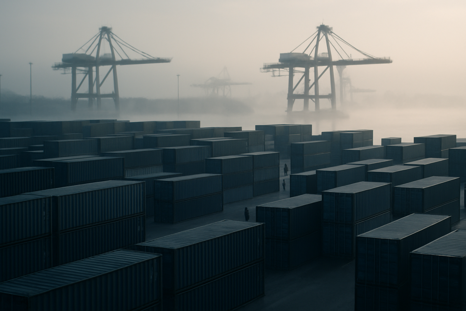 rows of shipping containers stacked at a busy commercial port, with cranes visible in the background and early morning mist rising off the water