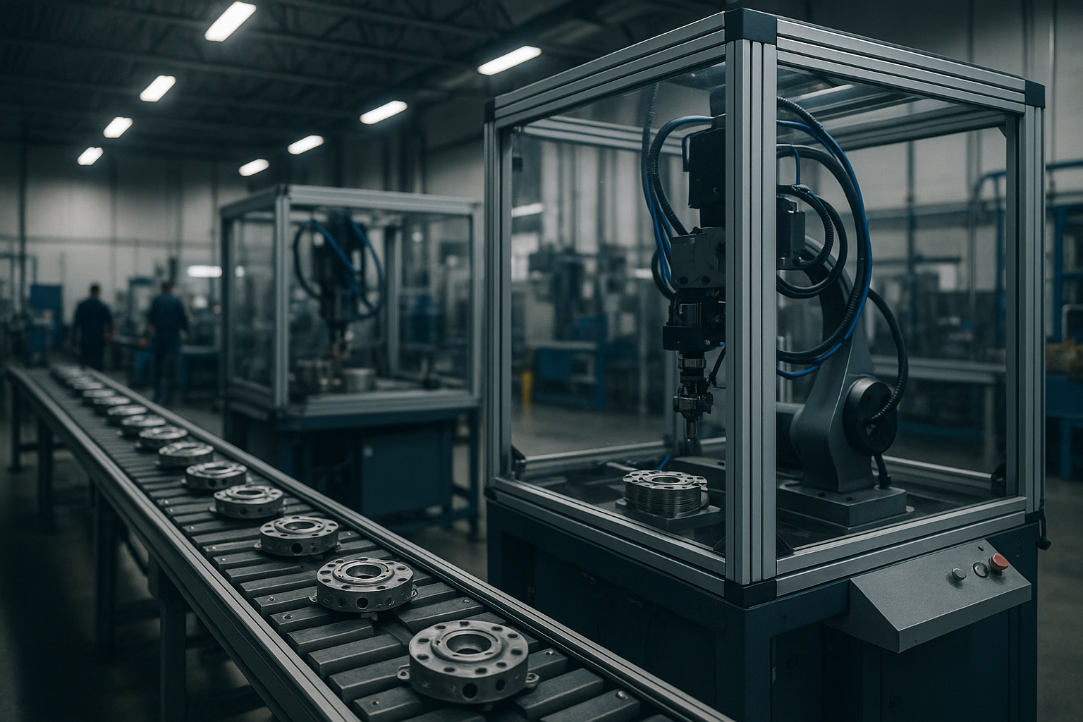 interior of a mid-sized manufacturing facility with automated assembly equipment, metal components on conveyor belts, and industrial lighting overhead