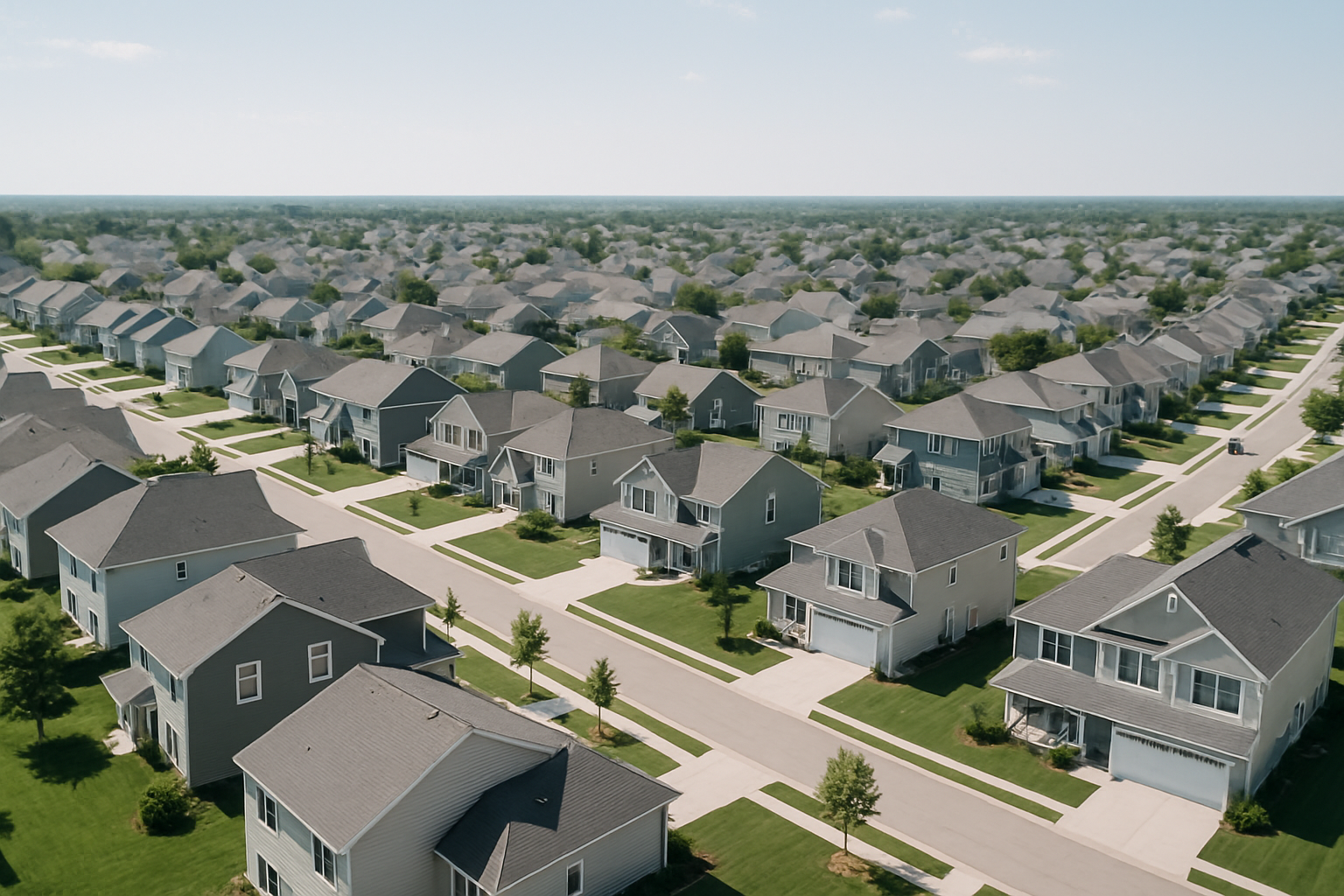 aerial view of a dense residential suburb with neatly arranged single-family homes and manicured lawns stretching to the horizon on a clear summer day