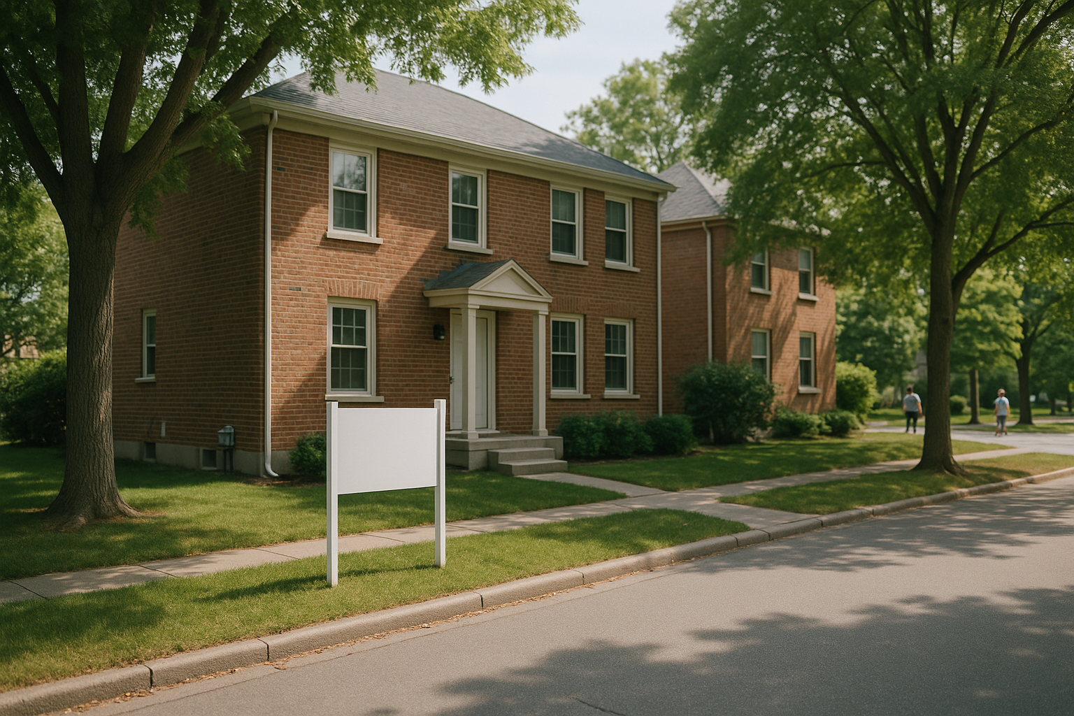 exterior of a modest brick townhouse with a for-sale sign on the front lawn, surrounded by mature trees on a quiet suburban street in summer
