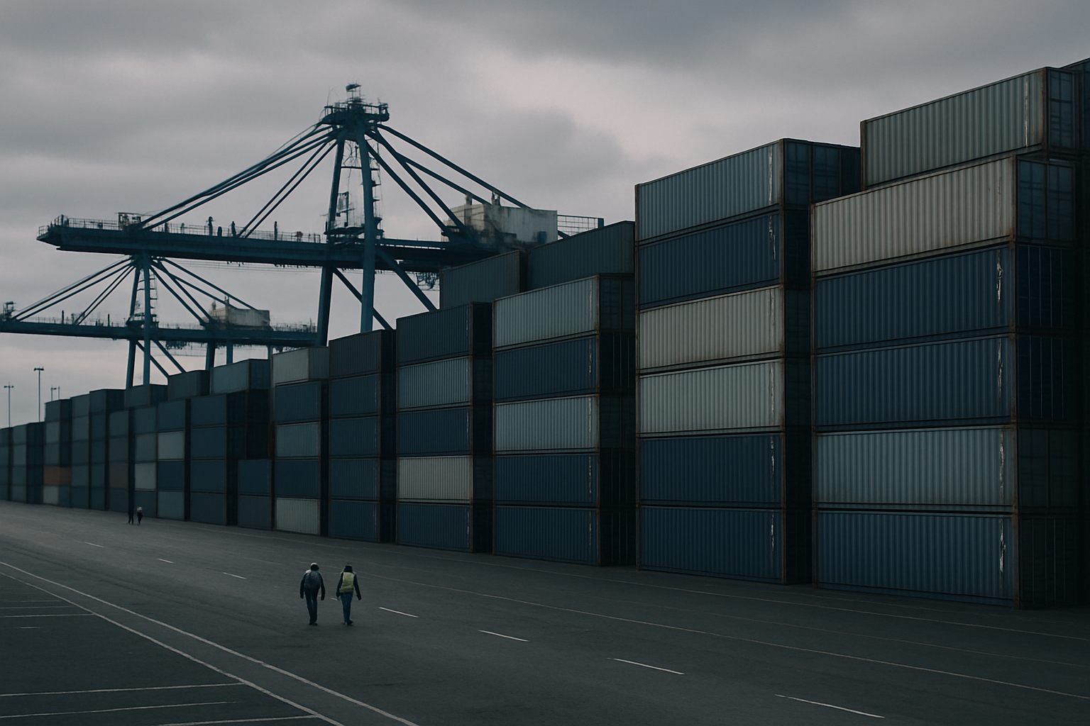 rows of import freight containers stacked at a major U.S. port terminal under overcast afternoon light