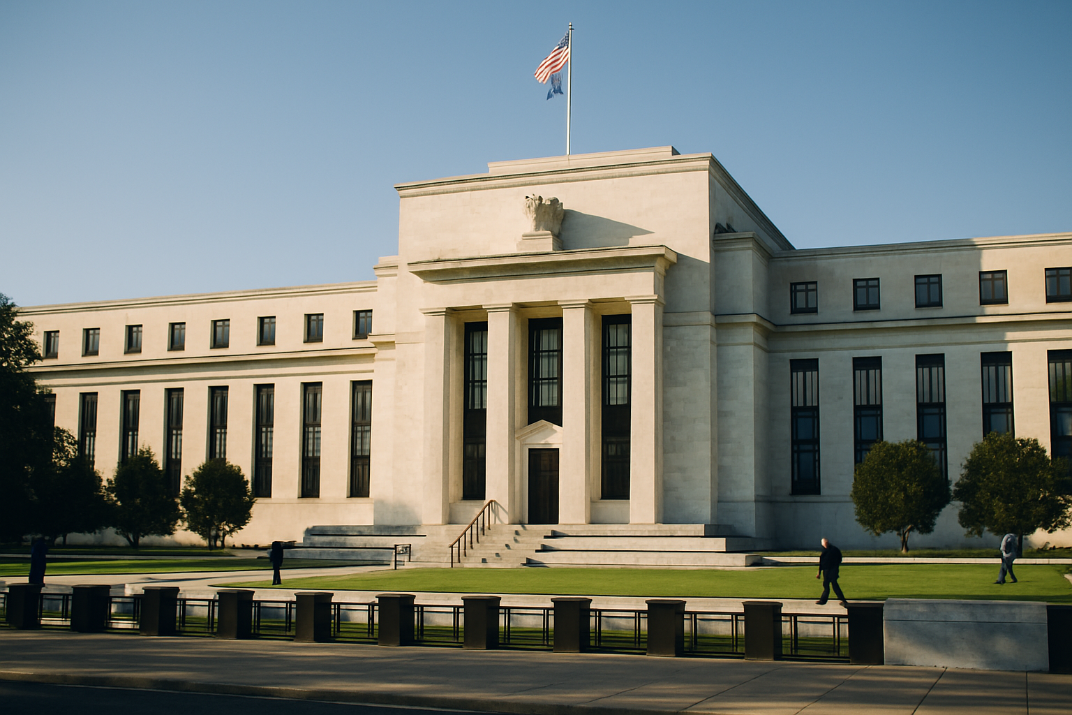 exterior of the Marriner S. Eccles Federal Reserve building in Washington D.C. on a clear summer morning