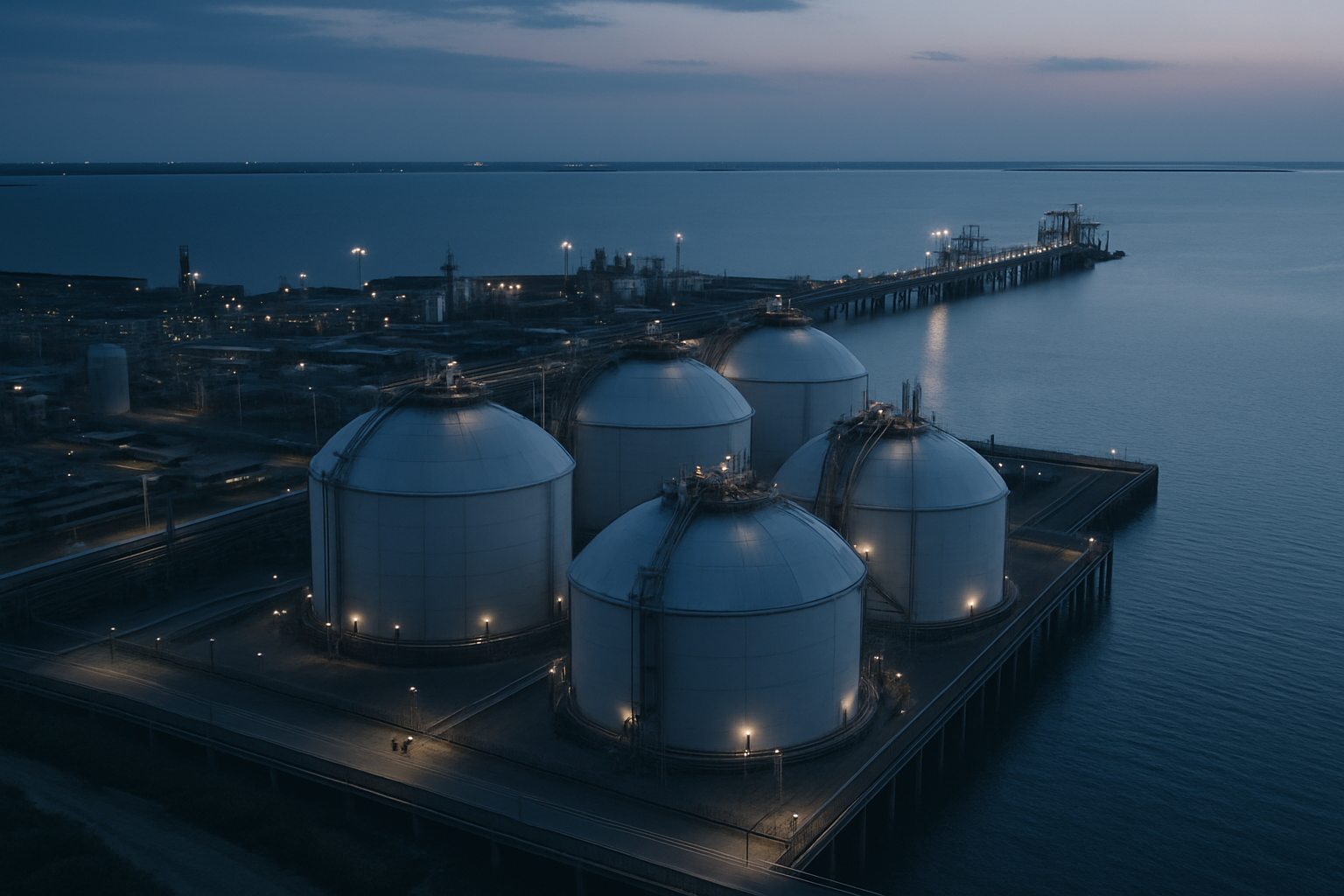 aerial view of a large liquefied natural gas terminal on the Gulf Coast at dusk, showing cryogenic storage tanks and loading berths extending into calm water
