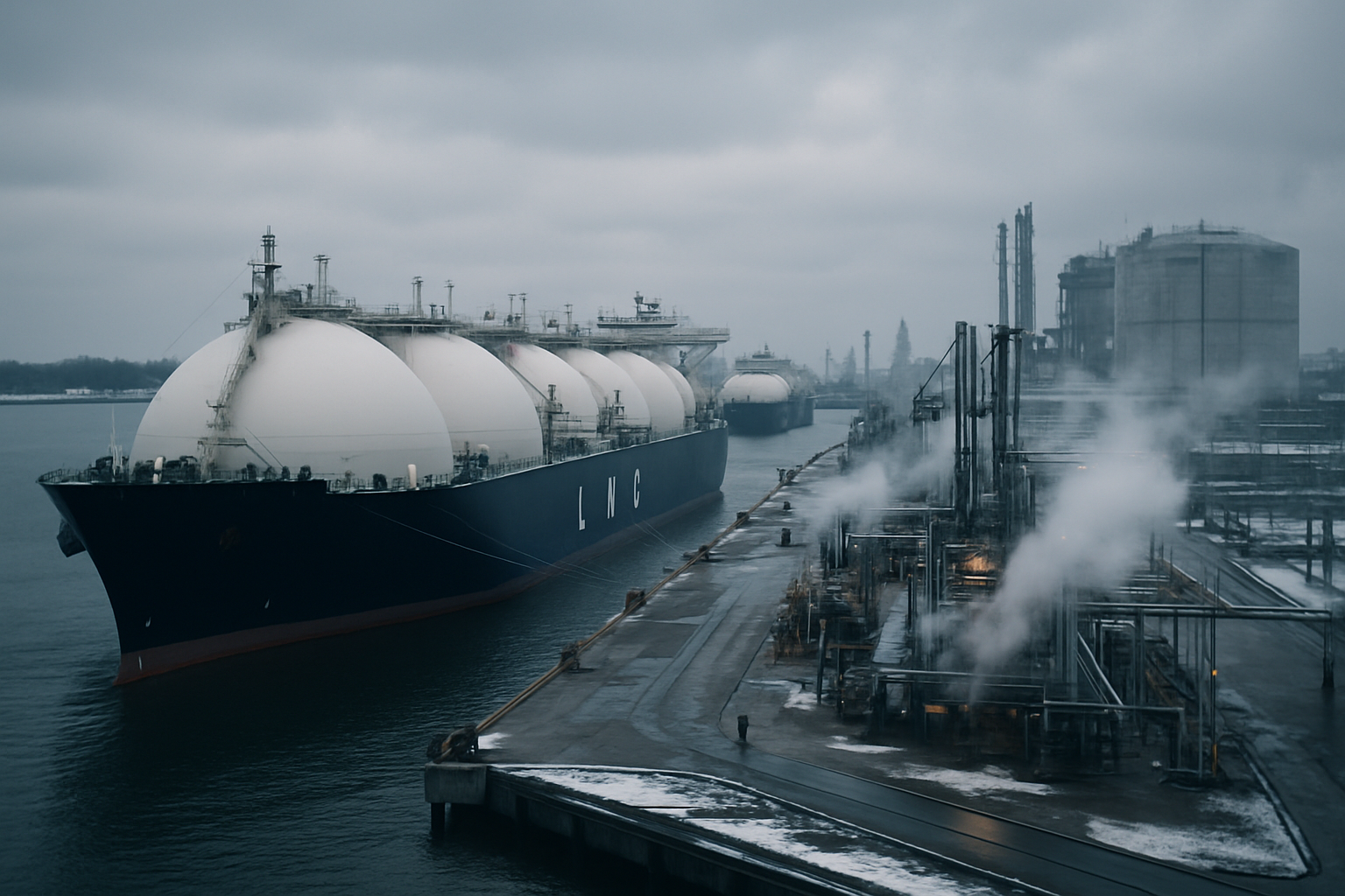 rows of LNG tankers docked at a European regasification terminal in overcast winter conditions, with vapor rising from unloading equipment along the quayside