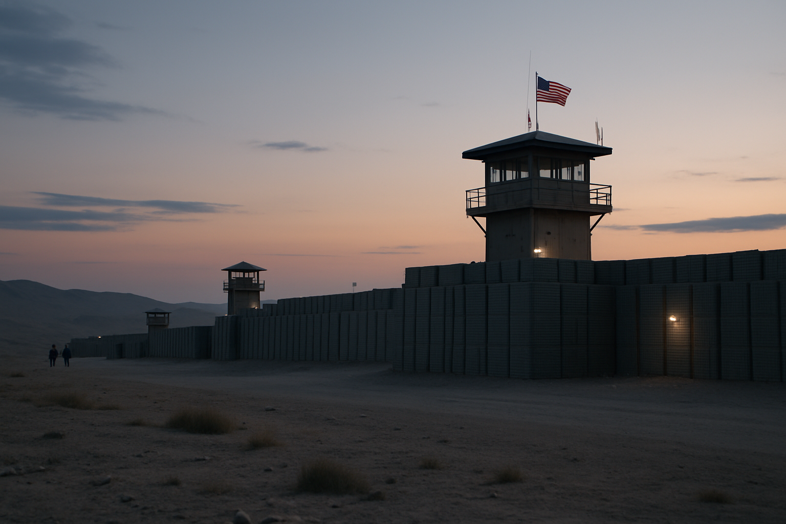 exterior of a hardened US military base in a desert landscape at dusk, fortified walls and watchtowers visible against a fading sky