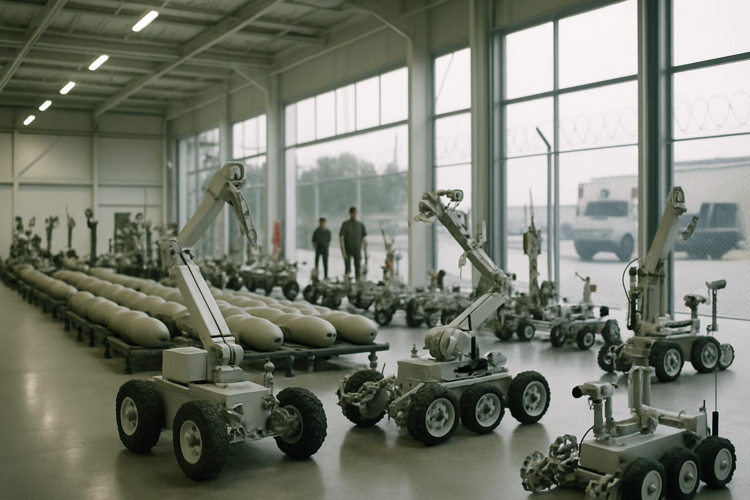 rows of military ordnance disposal equipment and robotic units arranged inside a secured forward operating base warehouse
