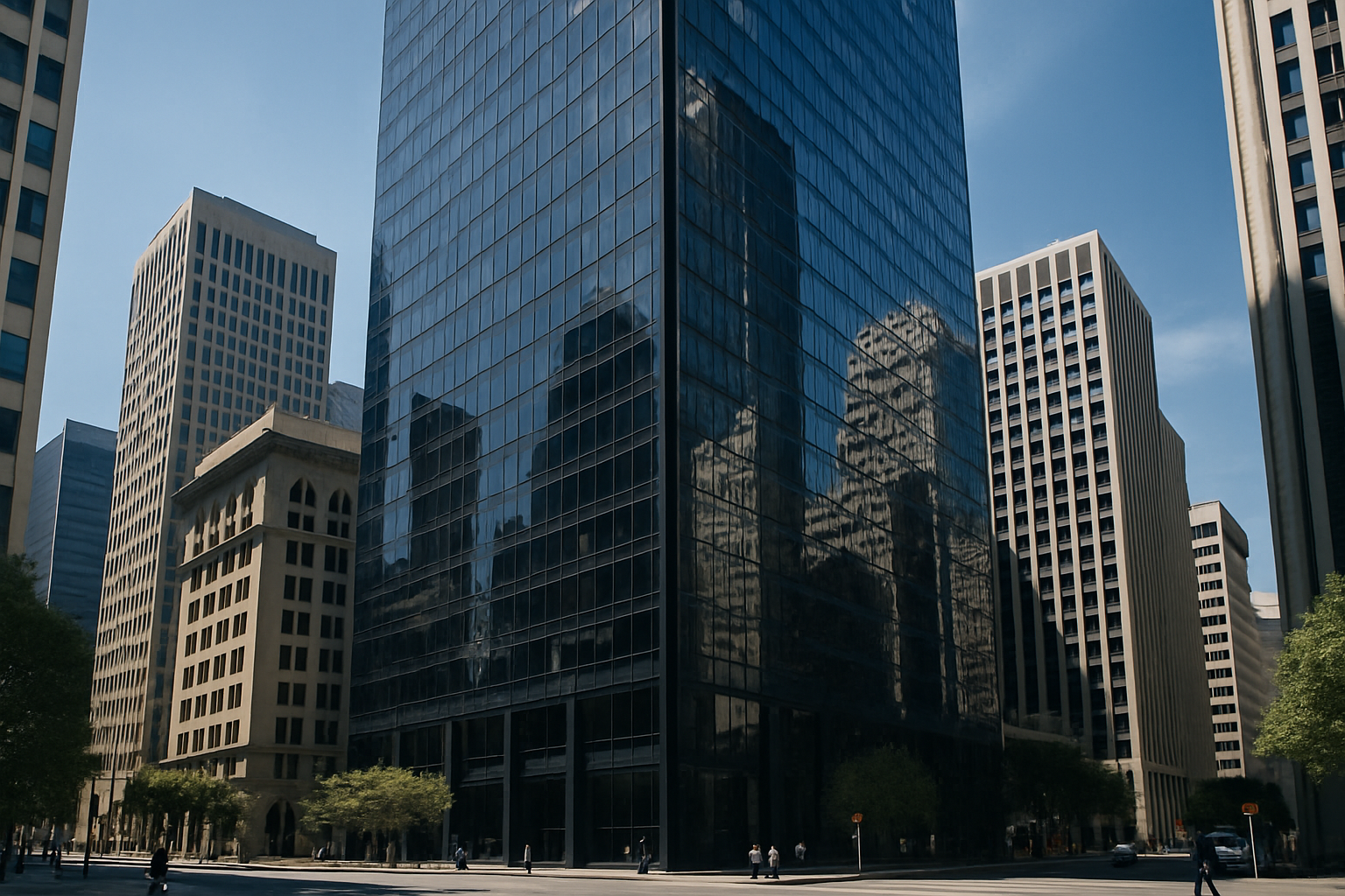 Wide-angle view of a glass-and-steel office tower in San Francisco's financial district at midday, reflecting surrounding buildings