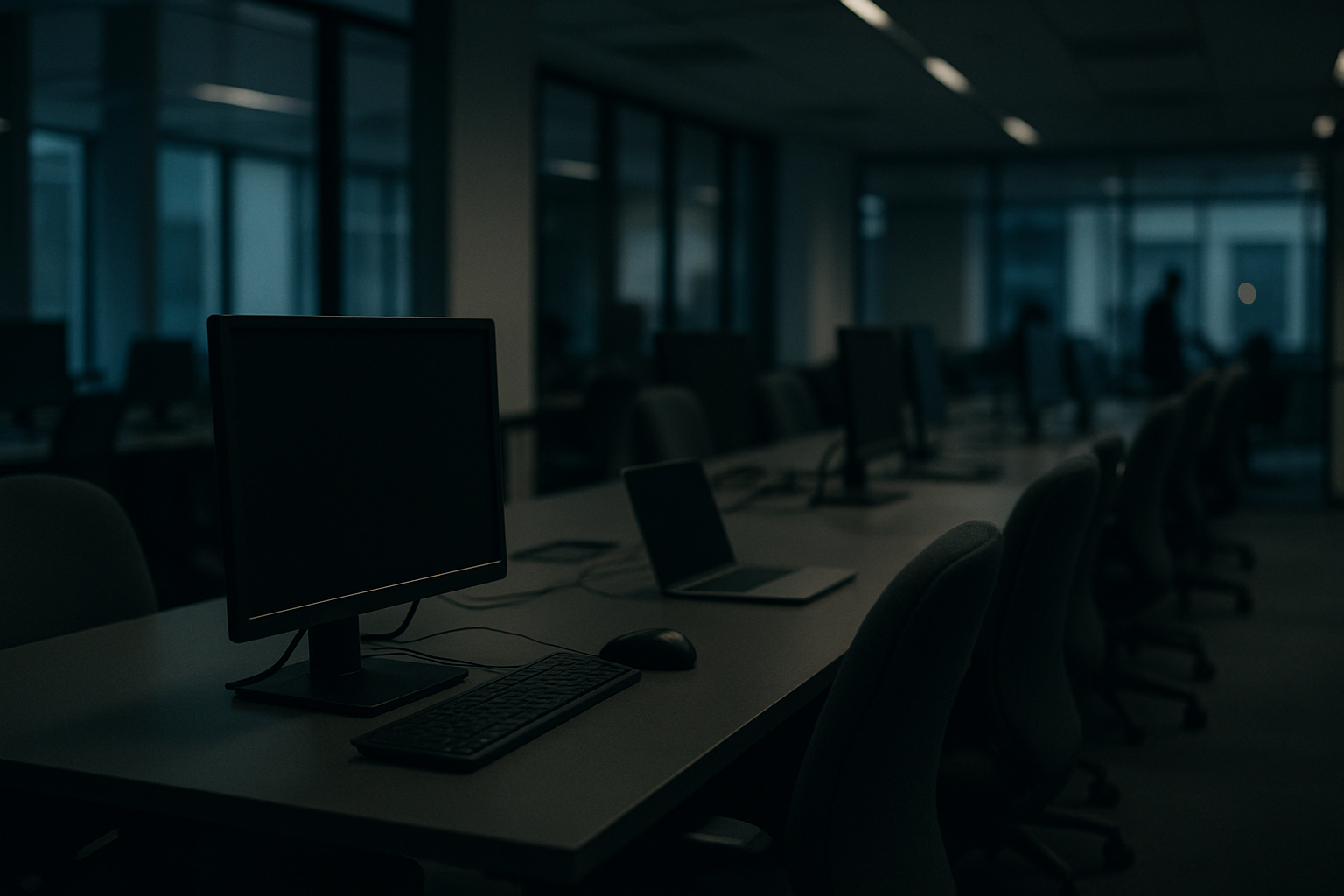 Row of empty co-working desks in a startup incubator space, with unoccupied chairs and idle monitors in a dimly lit open-plan room