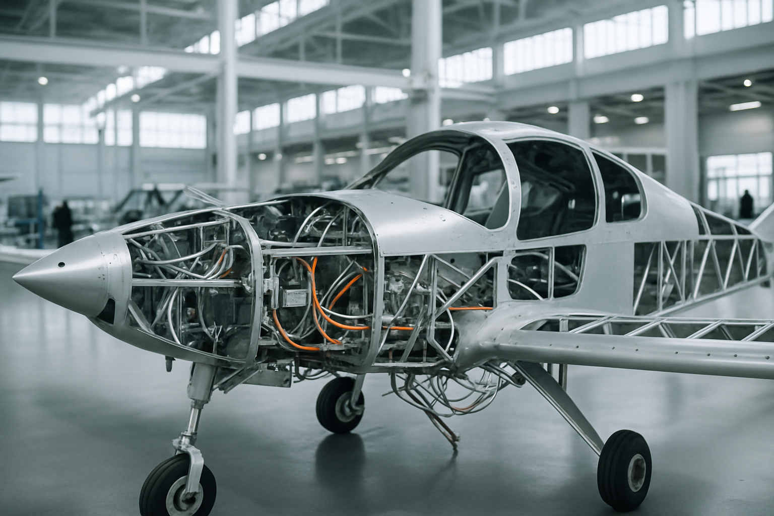 close-up of a partially assembled electric aircraft airframe in a large aerospace manufacturing facility, with structural components and wiring visible