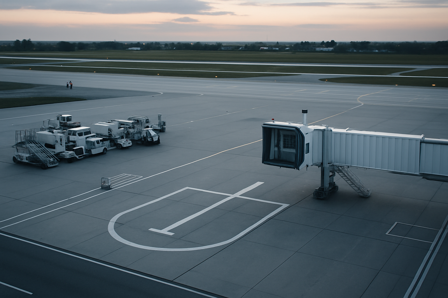 aerial view of a regional airport tarmac at dusk with an empty aircraft stand and ground support equipment parked nearby