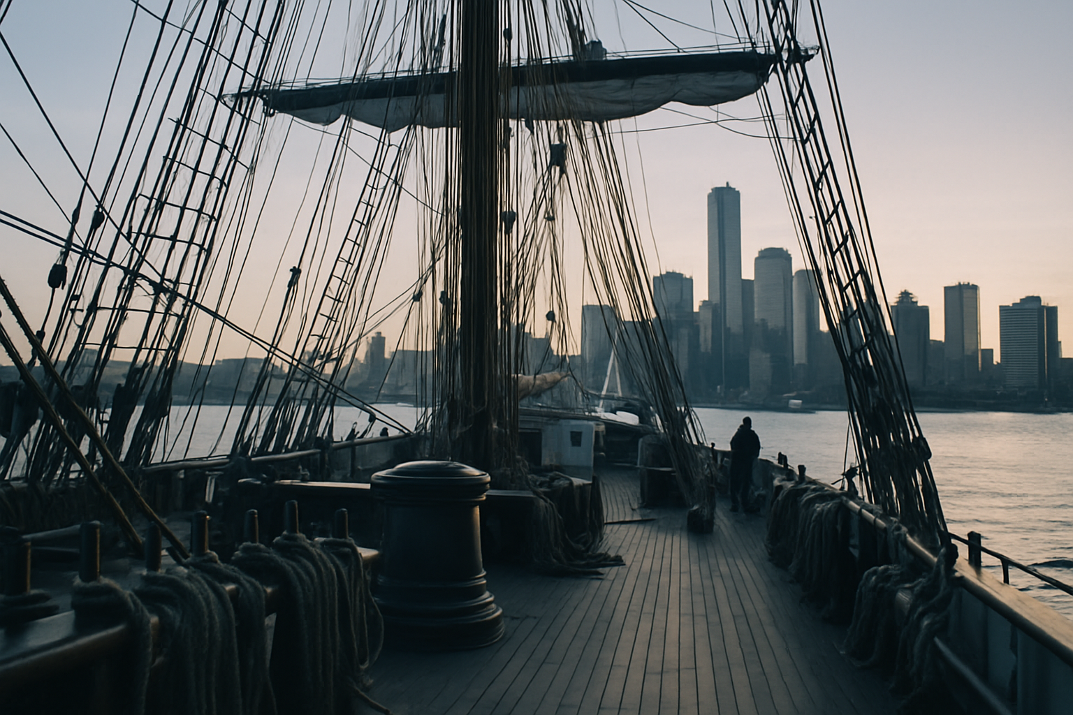 The deck and rigging of a historic tall ship moored in a major urban harbor, city skyline visible in the background at golden hour
