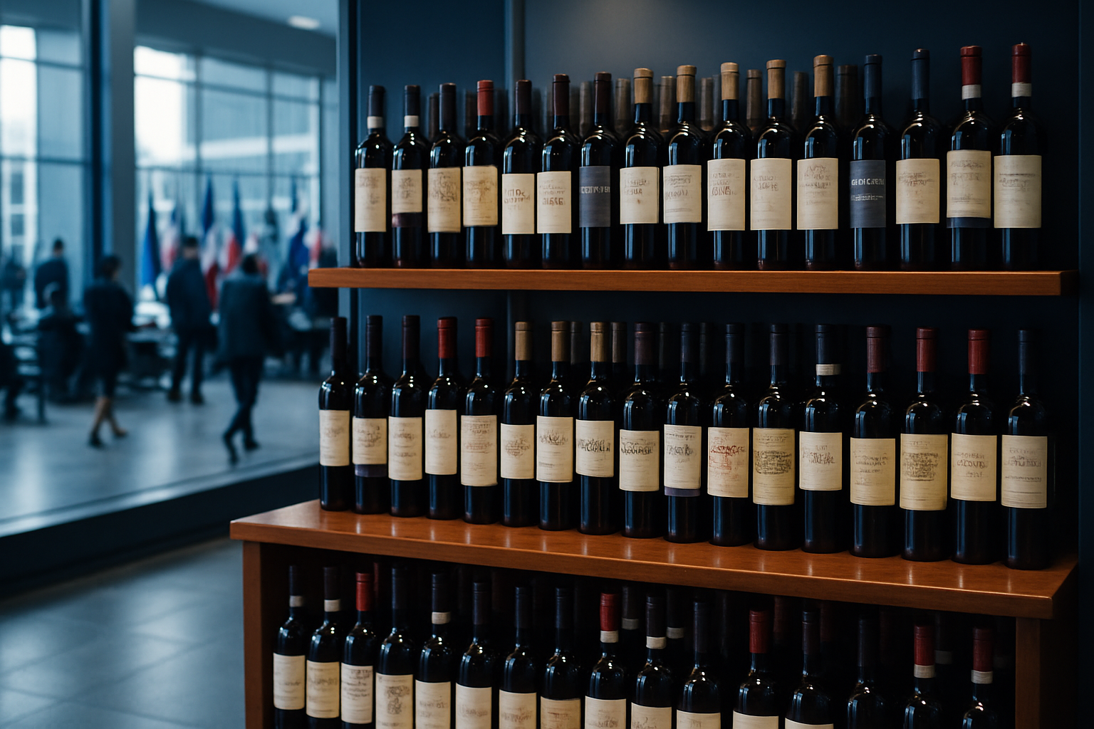 Rows of Italian wine bottles organized by region on a polished wooden display shelf inside an upscale retail environment