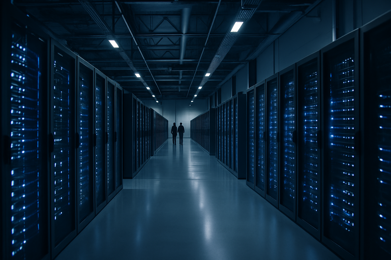 interior of a large Scandinavian data center facility with rows of server racks illuminated by blue ambient lighting, shot from a wide corridor angle