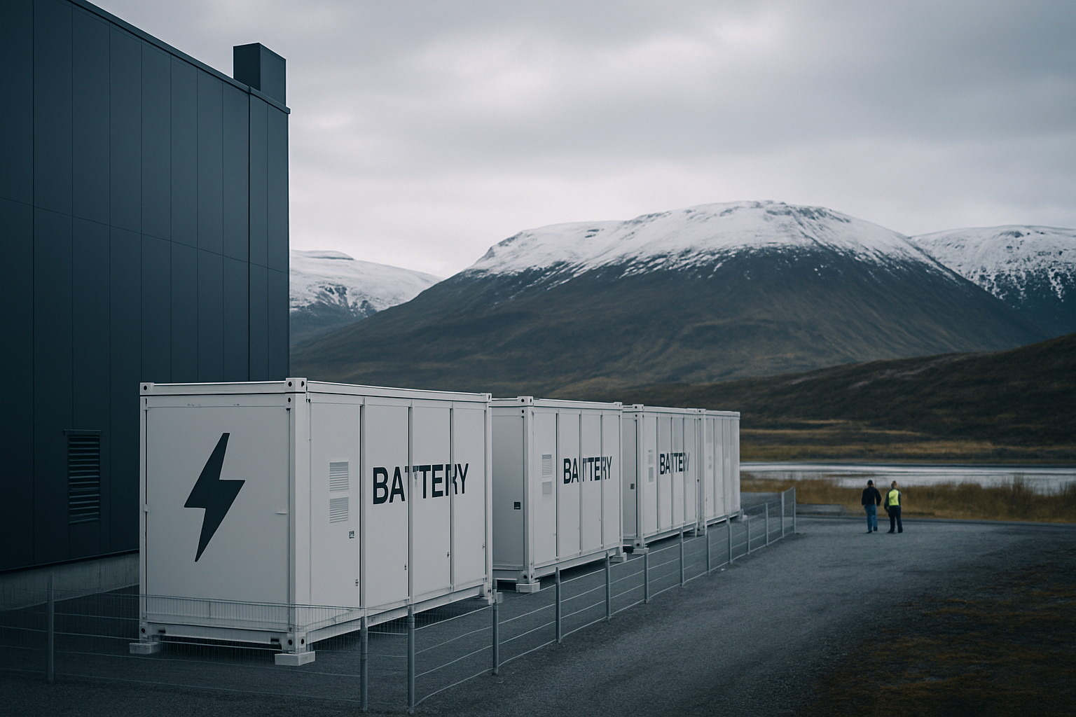 exterior view of a battery energy storage installation beside an industrial building in a Nordic landscape, with snow-capped hills visible in the background