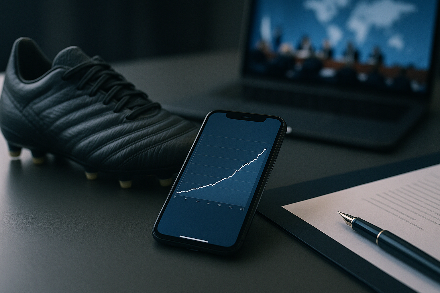 a smartphone screen displaying a rapidly climbing social media follower counter graph, resting on a desk beside a football boot