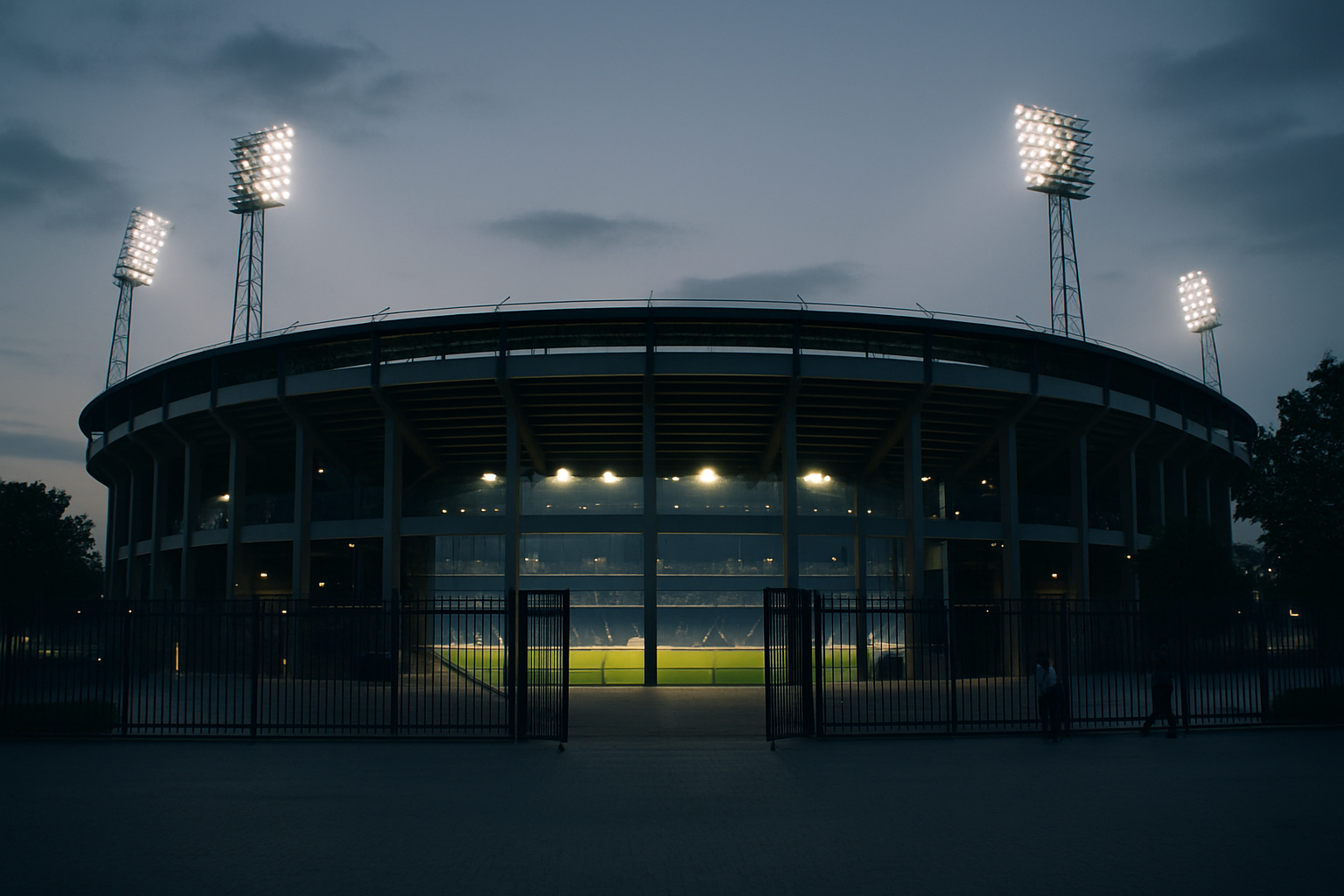 exterior view of a large football stadium at dusk, floodlights illuminating an empty pitch visible through open gates
