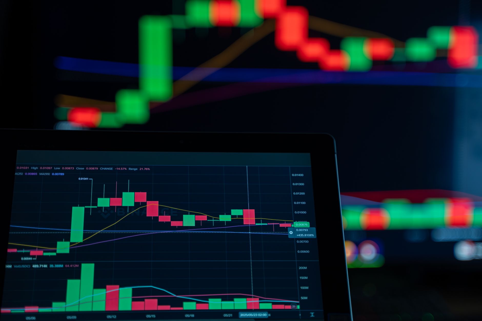 a curved bank of professional trading monitors displaying currency pair charts and candlestick graphs in a darkened dealing room, with no people visible
