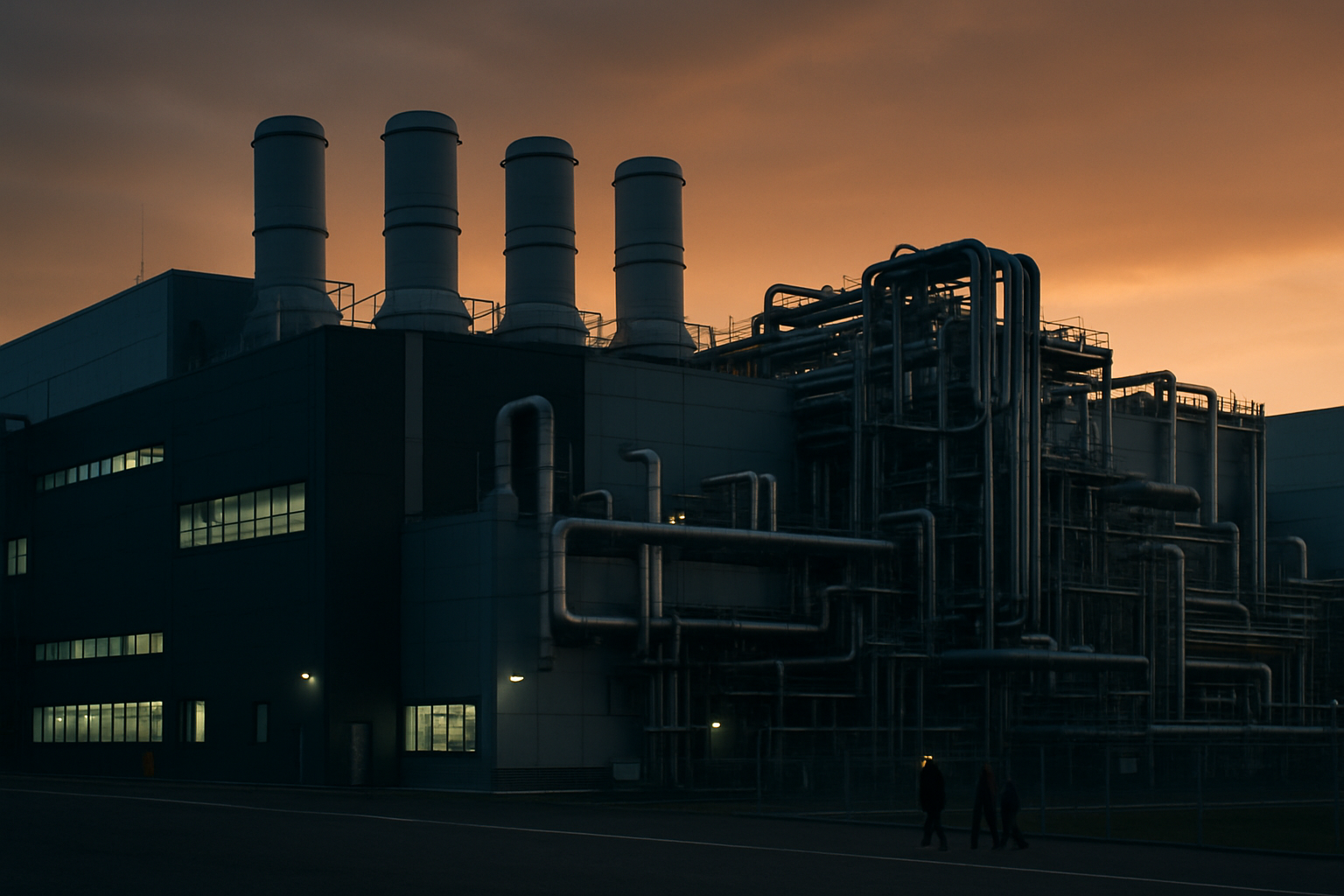 exterior of a large semiconductor fabrication facility at dusk, with clean-room ventilation towers and industrial piping visible against an orange sky