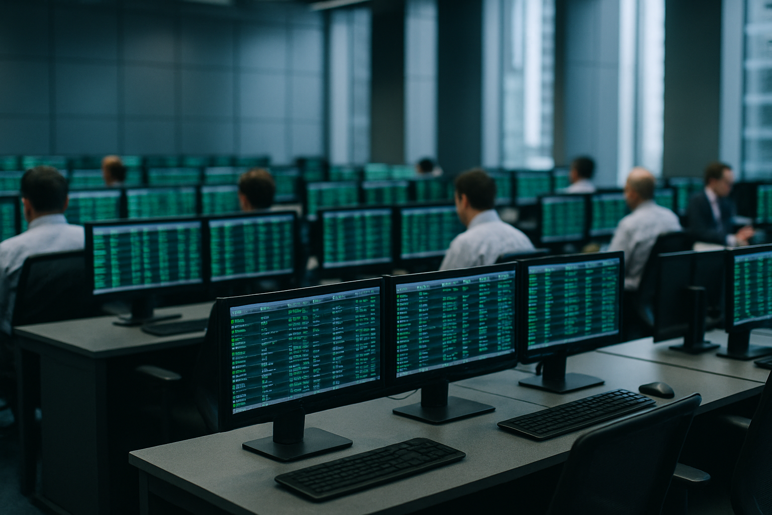 rows of trading terminals inside a modern stock exchange operations room, displaying scrolling green ticker data on multiple monitors