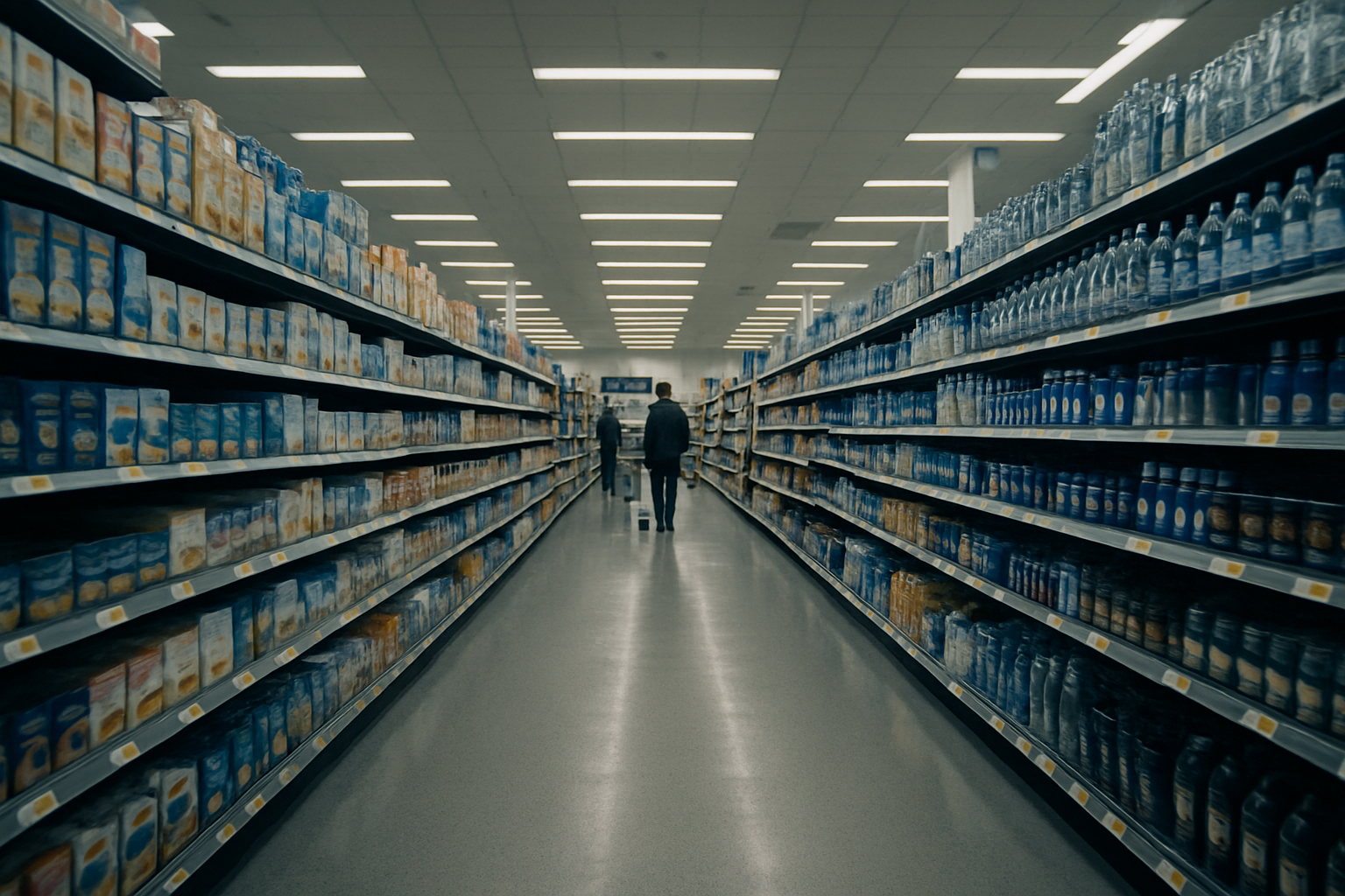 wide interior shot of a large retail superstore aisle stocked with grocery and household goods, fluorescent lighting overhead, price tags visible on shelving units