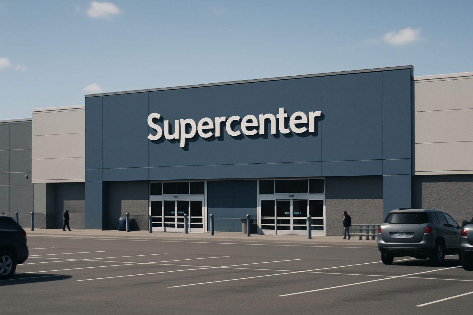 exterior of a large Walmart Supercenter building on a suburban commercial strip at midday, parking lot visible in foreground, signage prominently displayed on the facade