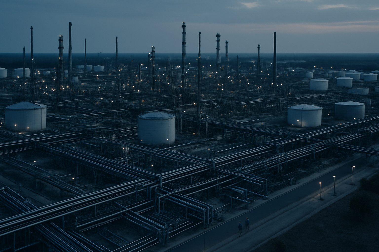 aerial view of a sprawling crude oil refinery complex with pipelines and storage tanks stretching toward the horizon at dusk