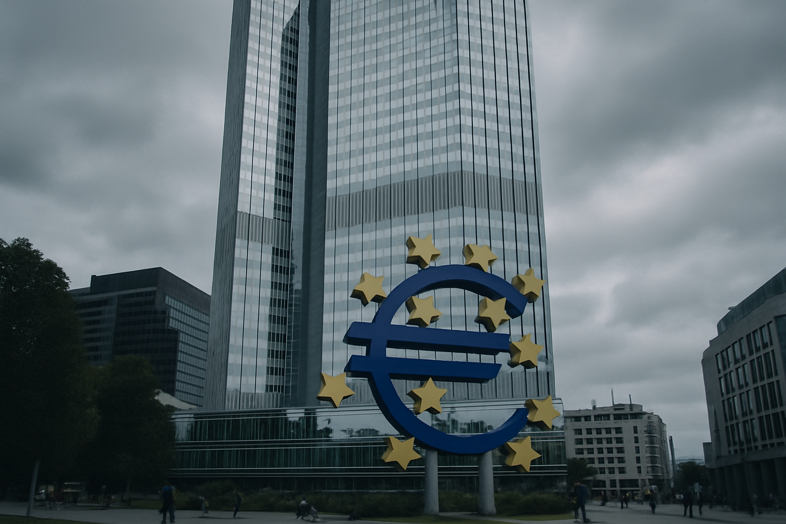 exterior of the European Central Bank headquarters in Frankfurt, glass facade reflecting overcast skies with the euro sculpture visible in the foreground