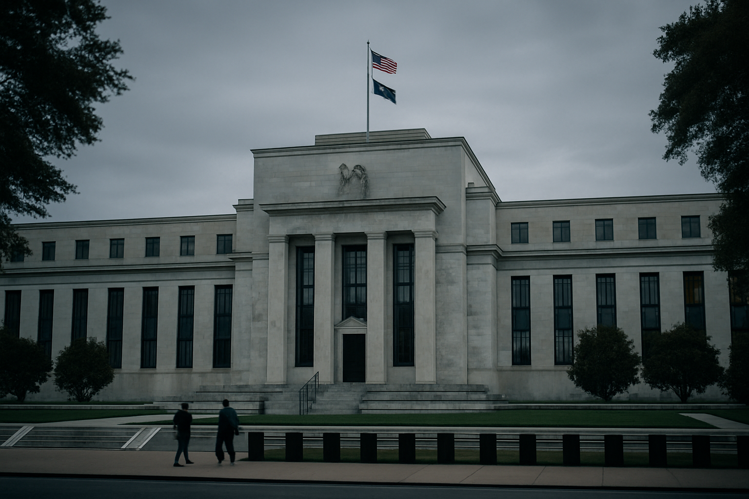 exterior of the Federal Reserve building in Washington D.C. on an overcast morning, flags visible at the entrance