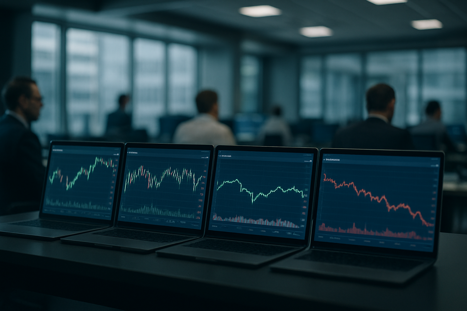 a row of financial trading terminal screens displaying mixed index performance figures in a quiet dealing room