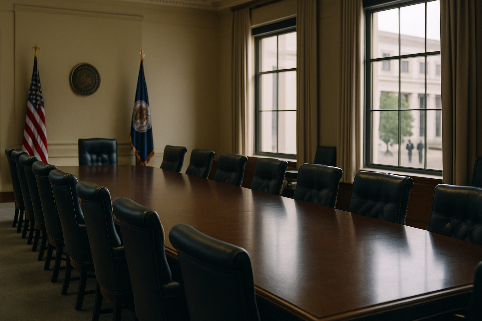 empty Federal Reserve boardroom with a long mahogany table, leather chairs, and tall windows overlooking a courtyard
