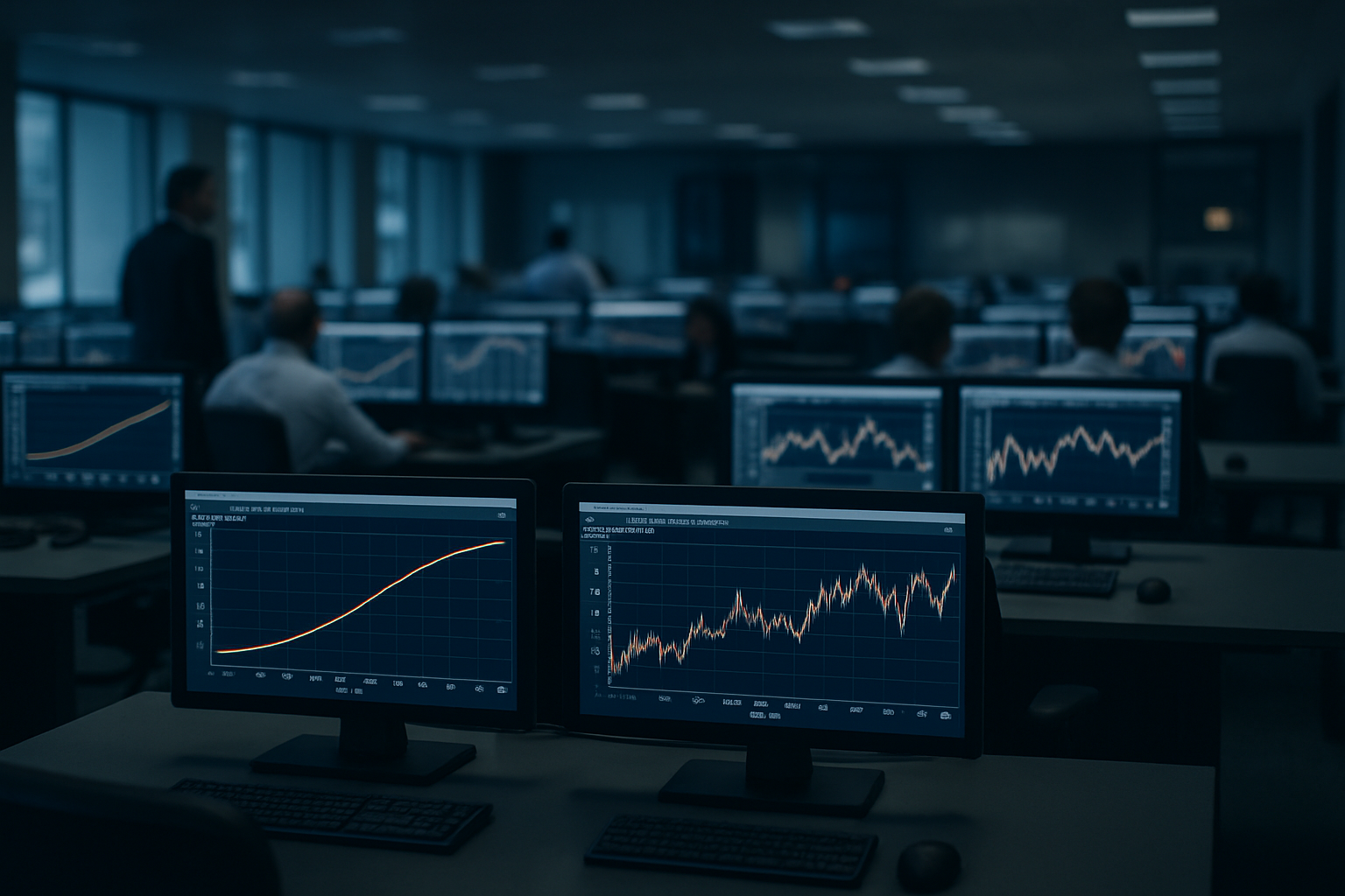 rows of trading terminals displaying bond yield curves and interest rate futures data in a dimly lit dealing room
