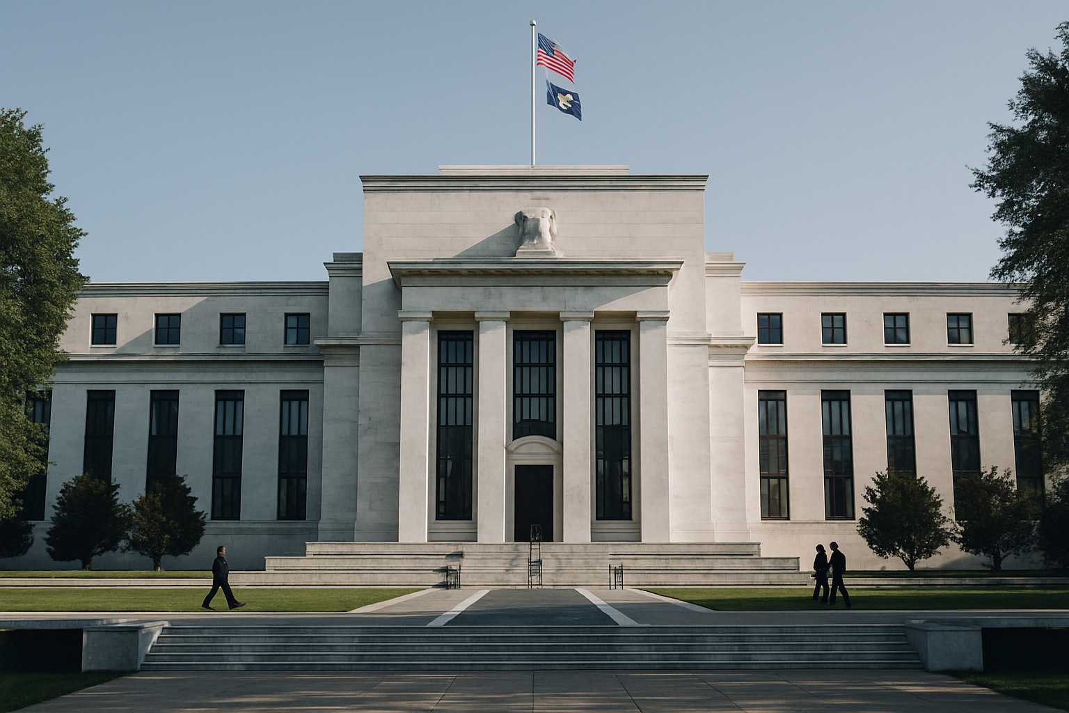 exterior of the Marriner S. Eccles Federal Reserve Board Building in Washington D.C. on a clear morning, with stone facade and flagpoles visible