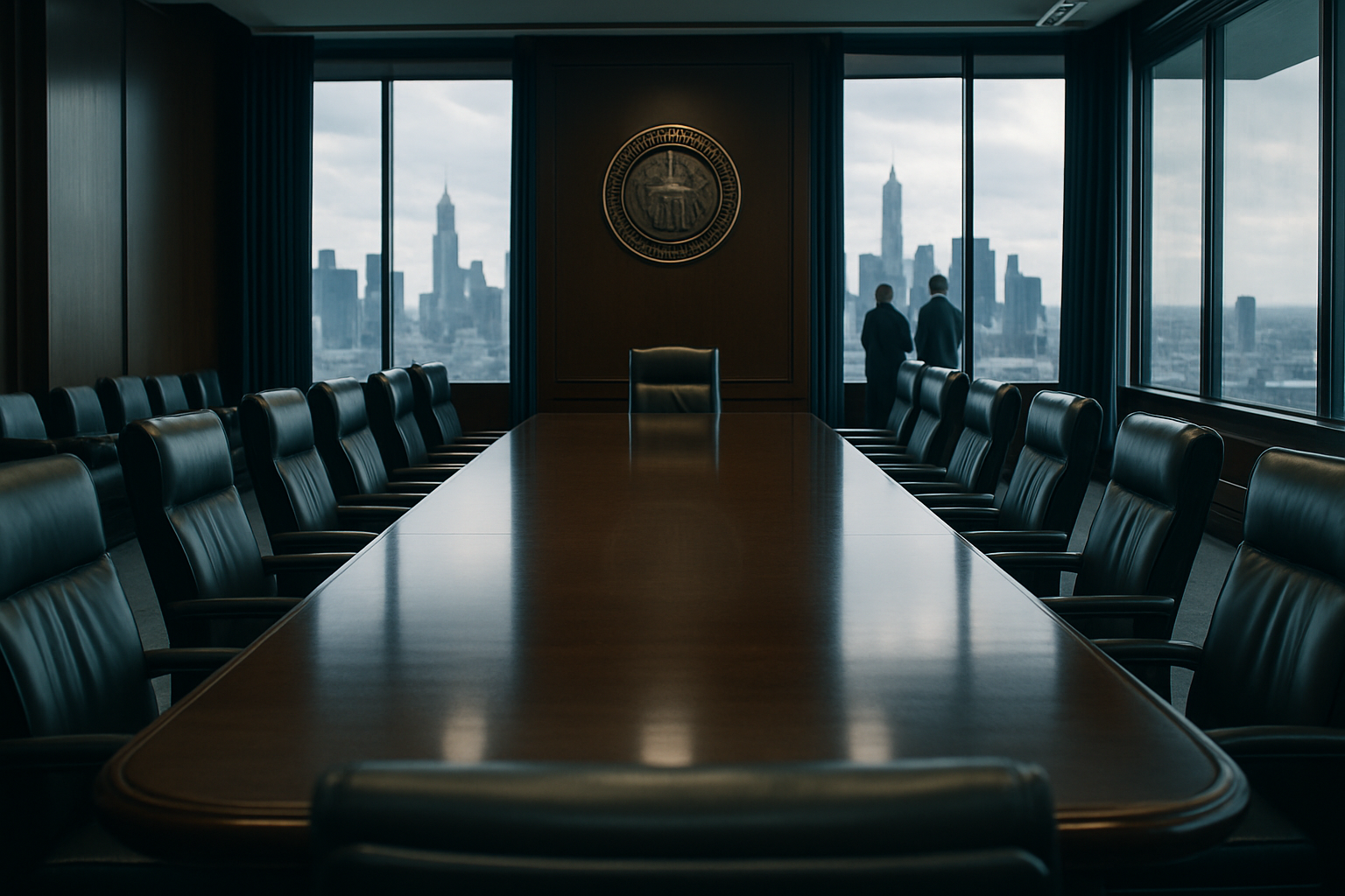 interior view of an empty Federal Reserve conference room with a long polished table, leather chairs, and floor-to-ceiling windows overlooking a city skyline