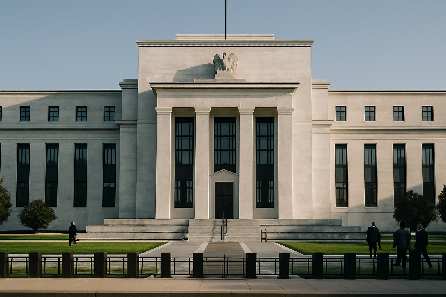 exterior of the Marriner S. Eccles Federal Reserve Board building in Washington D.C. on a clear morning, wide architectural shot emphasizing the neoclassical stone facade