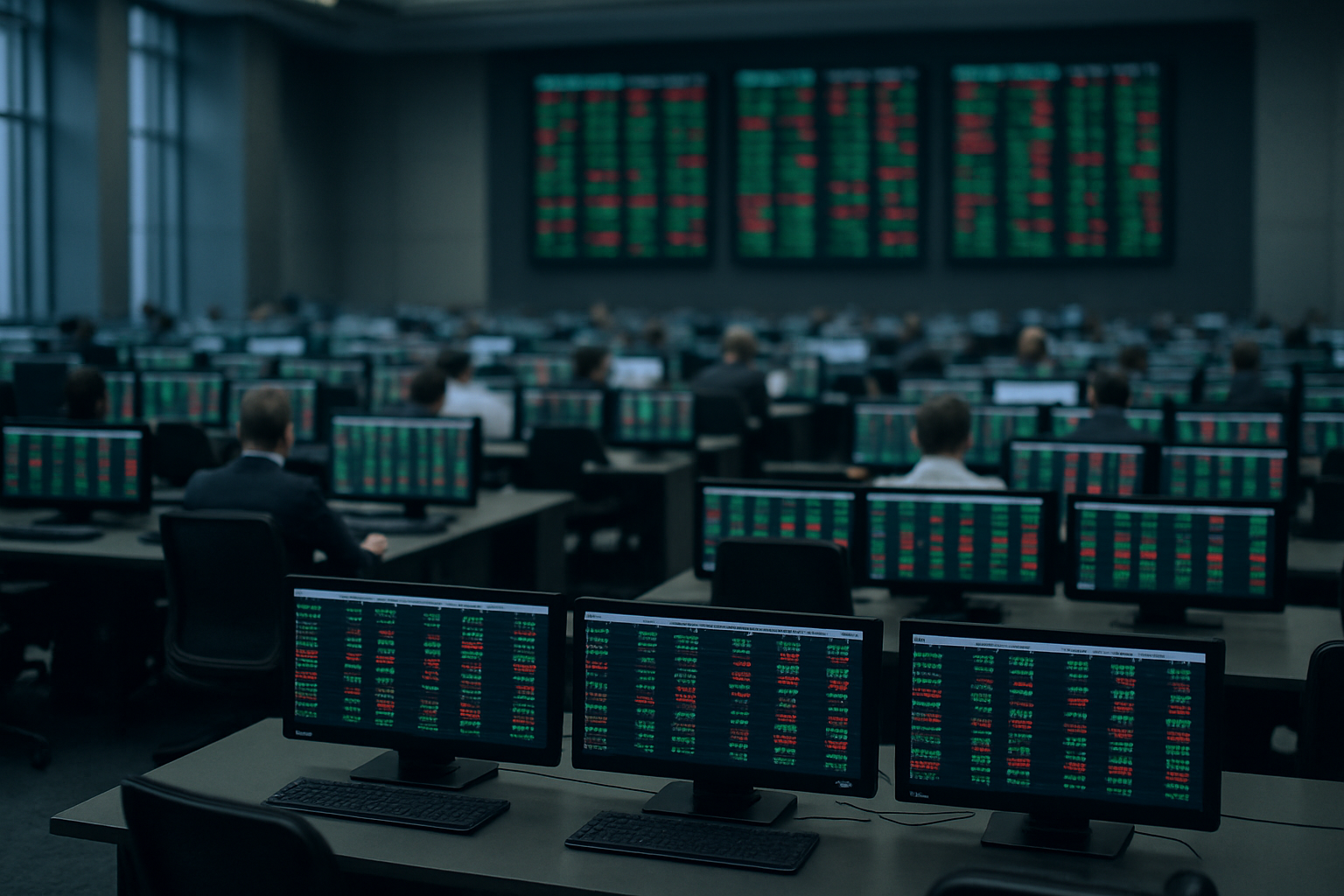 rows of illuminated trading terminals displaying green and red ticker data inside a large open-plan financial trading floor, no individuals visible in the foreground