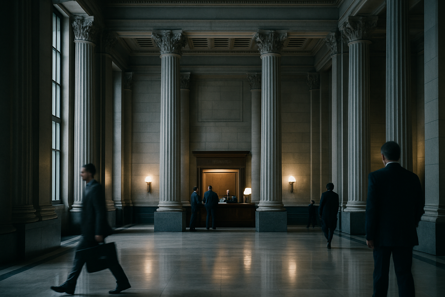 interior of a Federal Reserve branch building showing ornate columns and a large open lobby with an information desk visible in the background