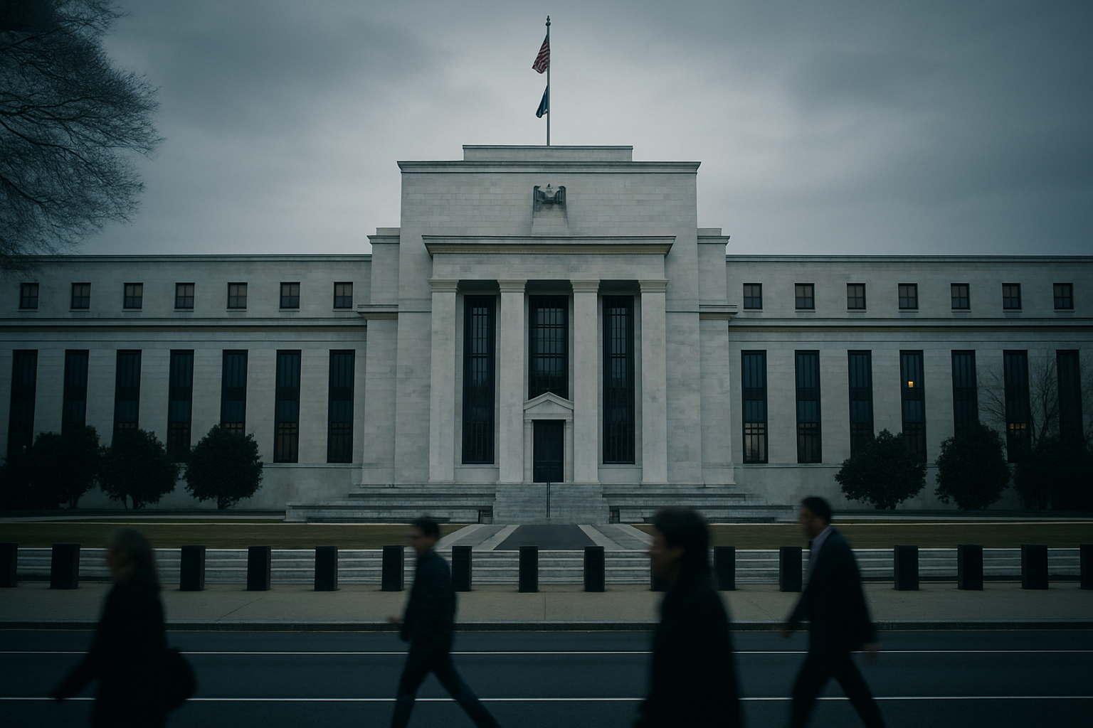 exterior of the Marriner S. Eccles Federal Reserve Board building in Washington D.C. on an overcast morning, viewed from across the street