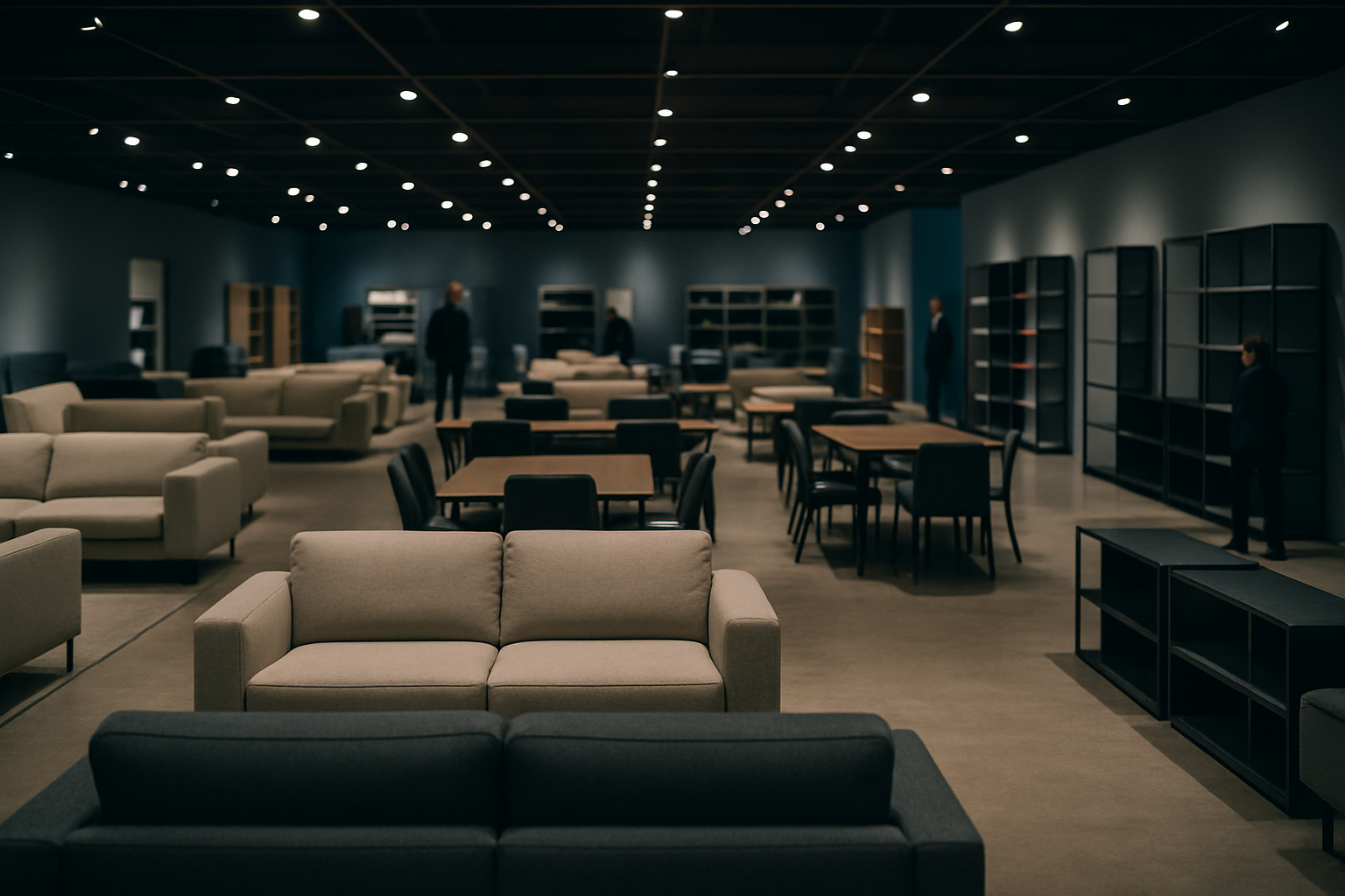 A wide shot of a modern furniture showroom interior with rows of sofas, dining tables, and shelving units arranged under warm overhead lighting, no signage visible