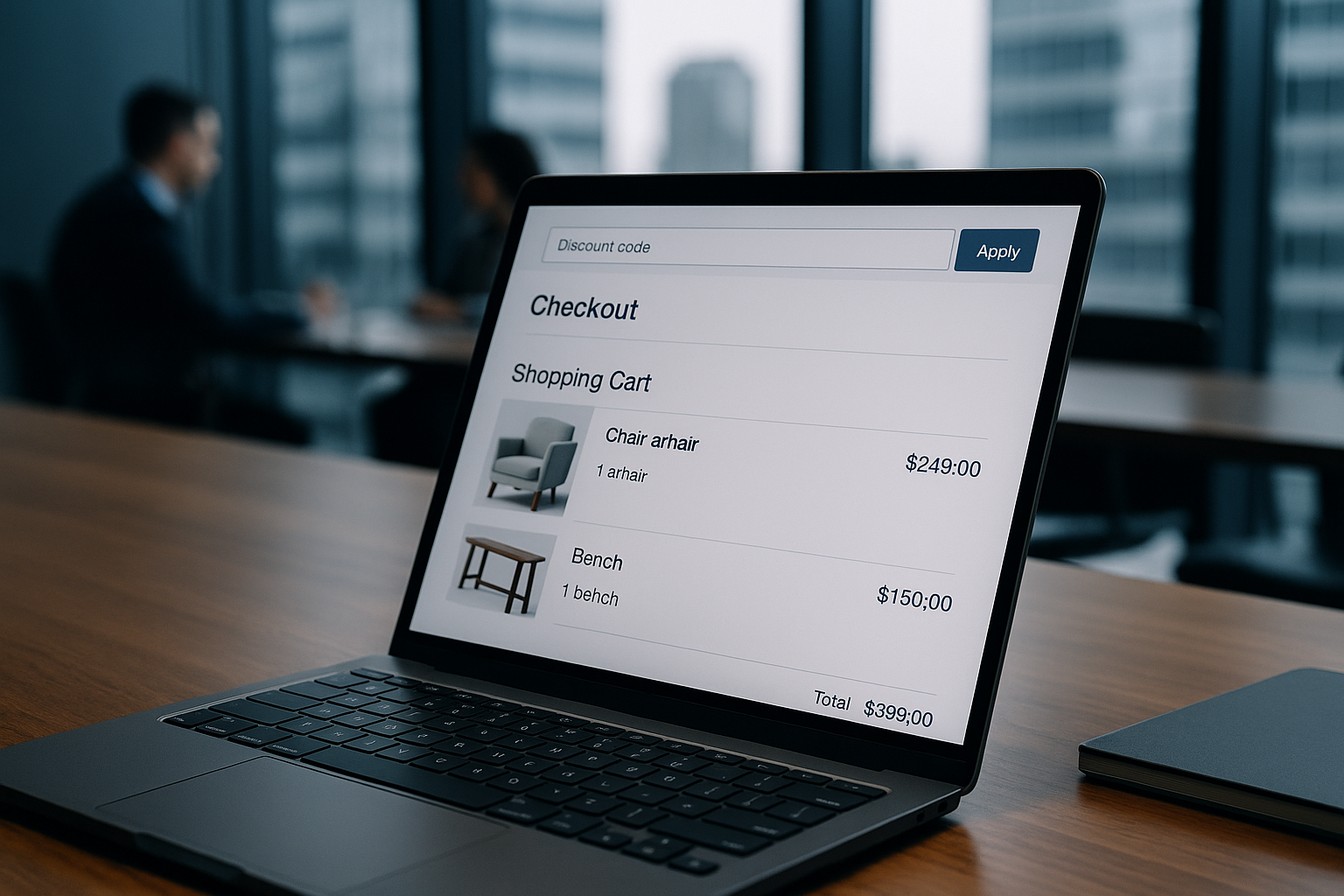 Close-up of a laptop screen displaying an e-commerce checkout page with a discount code field and a shopping cart containing furniture items, set on a wooden desk surface