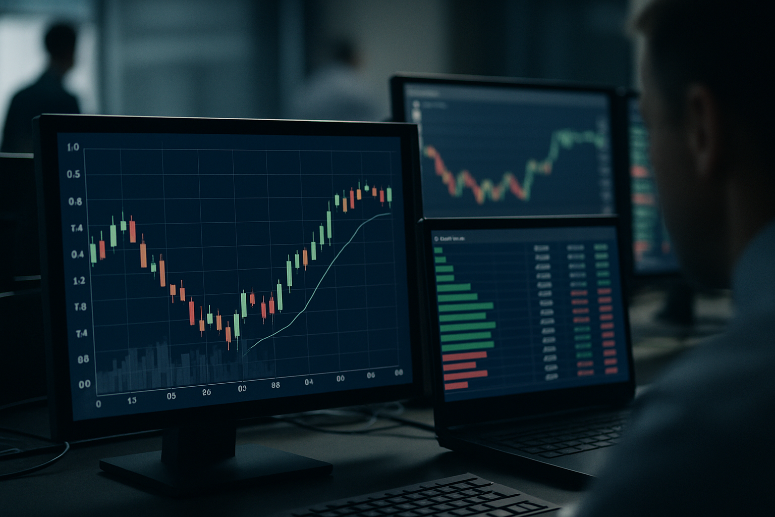 close-up of multiple computer monitors displaying real-time probability charts and order book data in a dimly lit trading environment